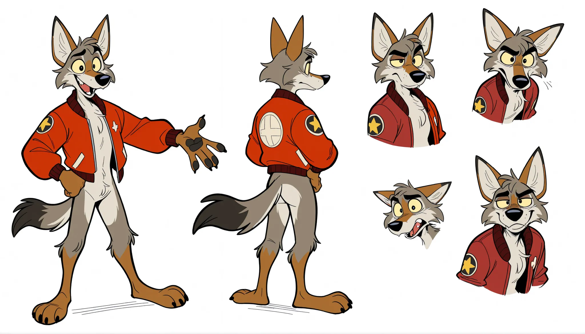 sketches of a cartoon coyote furry character, male, cool, professional furry drawing, furry character, unrealistic character concept, cartoon furry style, an anthro coyote, full body character concept, character reference, full character body, sketchy arts...