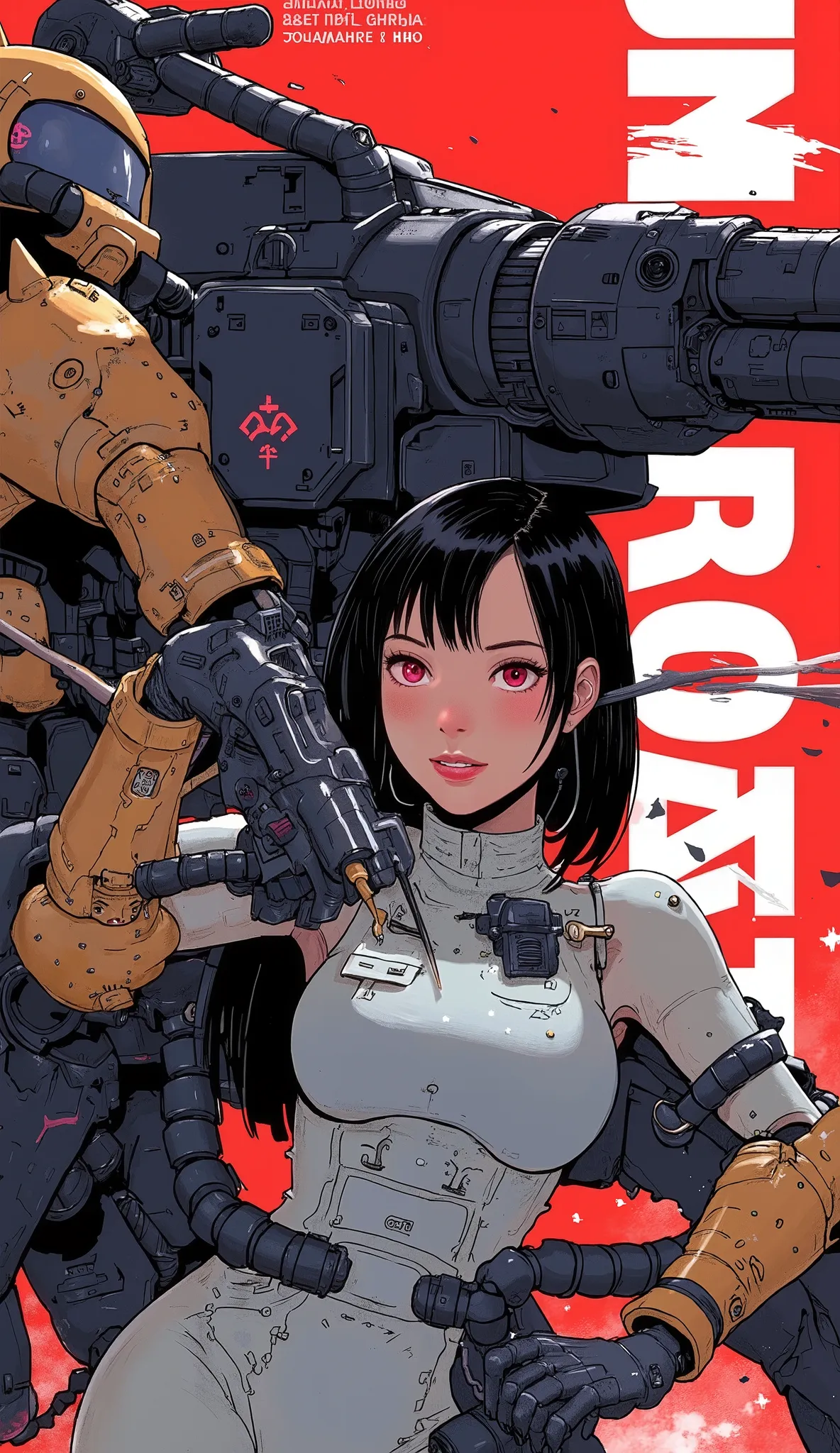 Close up of a magazine with people, Zaku, dynamic action pose ,red, MEGASCAN , Shiro Masamune style , Masamune Shirow, inspired Masamune Shirow, Zaku, Female Mecha, Black Mecha, Japanese Mecha, Macross's style, Mecha Girl