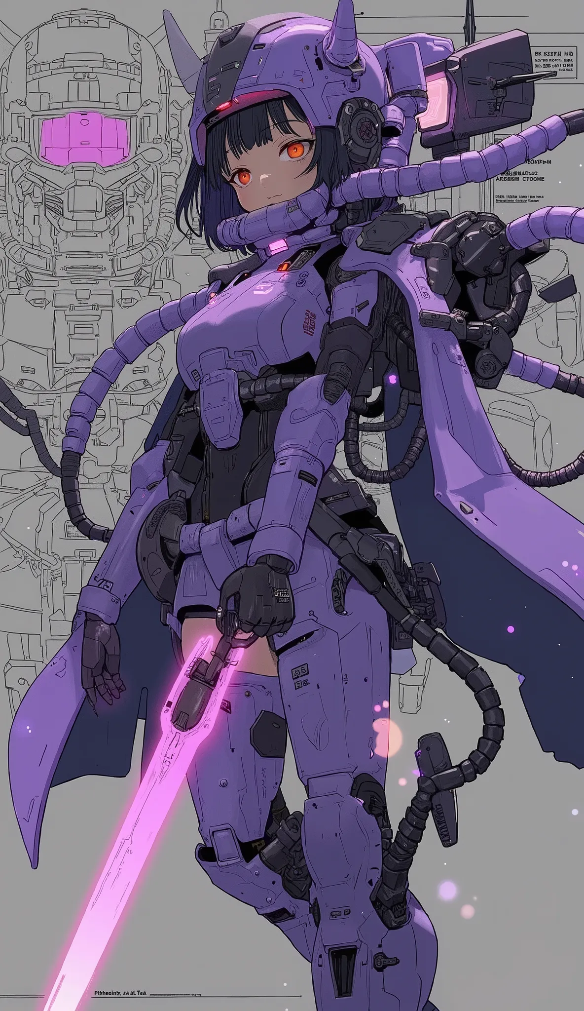 A young man with a rebellious spirit、depicts female characters wearing high-tech costumes, Mech-style armor. characters are drawn in action poses, suggests agility and strength. she wears a purple and black suit with elements of futuristic technology Combi...
