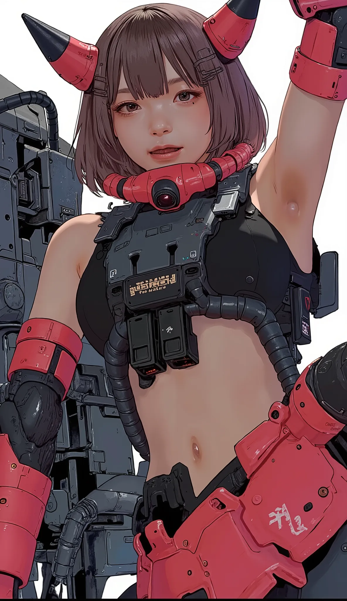 Close up of a magazine with people, Zaku, dynamic action pose ,red, MEGASCAN , Shiro Masamune style , Masamune Shirow, inspired Masamune Shirow, Zaku, Female Mecha, Black Mecha, Japanese Mecha, Macross's style, Mecha Girl, MAGAZINE SCAN