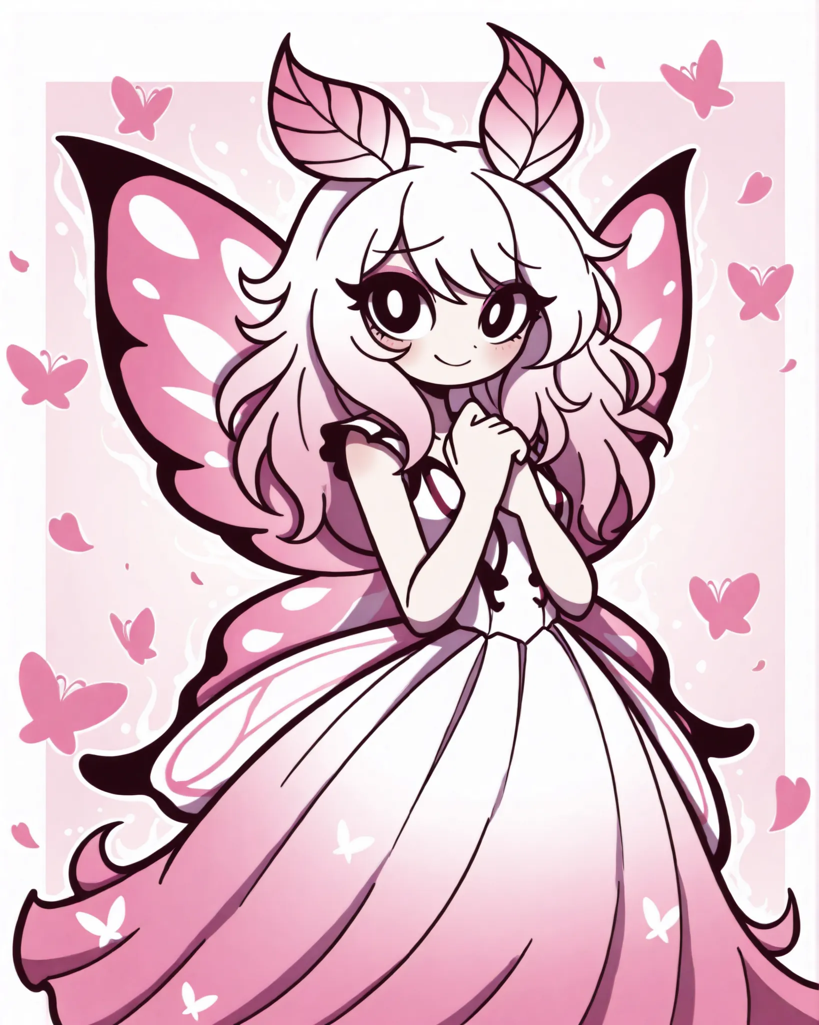 (beautiful butterfly girl:1.3), ethereal muse, fantasy shojo style, big reflective eyes, pastel hair (silvery pink), soft expression, semi-transparent butterfly wings (luna moth style), sheer flowing dress, surrounded by gentle floating petals, soft lighti...