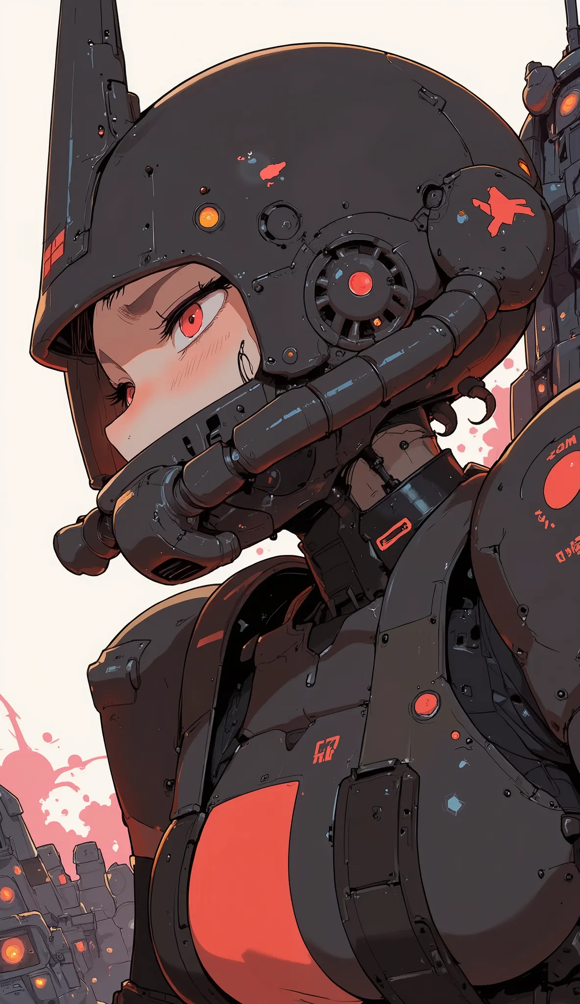 close-up of a person, Zaku, dynamic action pose ,red, MEGASCAN , Shiro Masamune style , Masamune Shirow, inspired Masamune Shirow, Zaku, Female Mecha, Black Mecha, Japanese Mecha, Macross's style, Mecha Girl