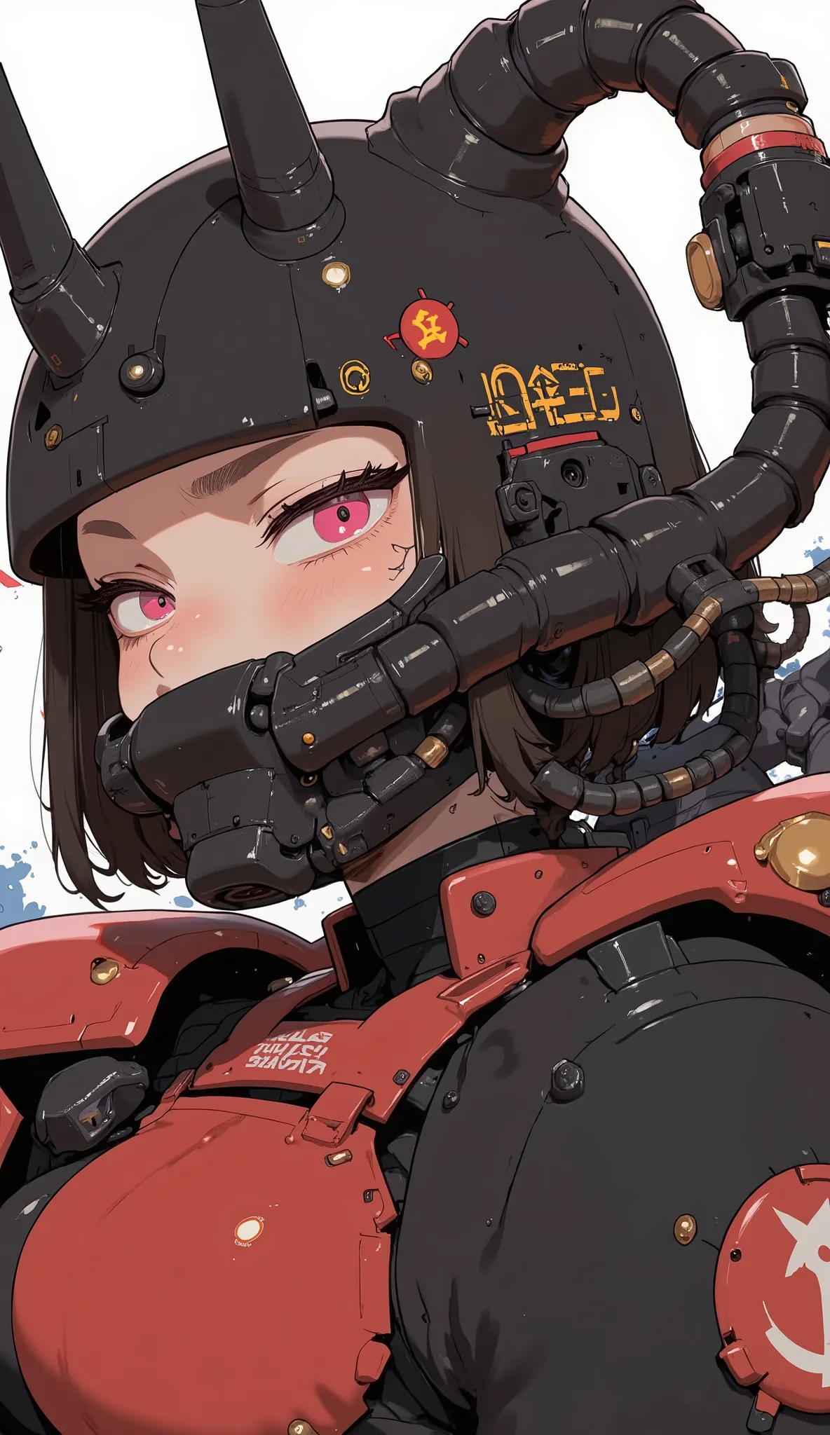 close-up of a person, Zaku, dynamic action pose ,red, MEGASCAN , Shiro Masamune style , Masamune Shirow, inspired Masamune Shirow, Zaku, Female Mecha, Black Mecha, Japanese Mecha, Macross's style, Mecha Girl
