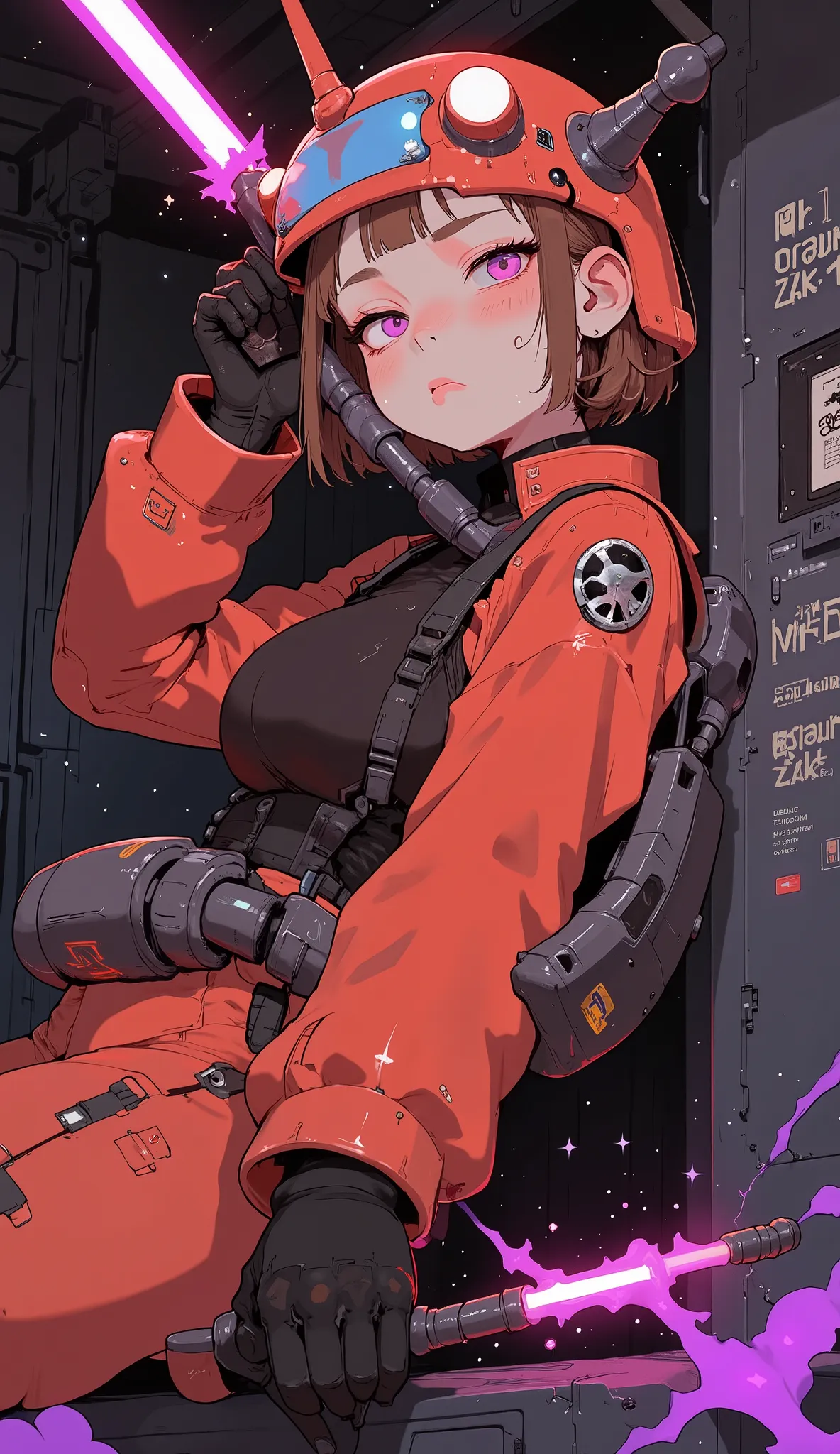 A young man with a rebellious spirit、depicts female characters wearing high-tech costumes, Mech-style armor. characters are drawn in action poses, suggests agility and strength. She is wearing a red suit that combines elements of futuristic technology with...