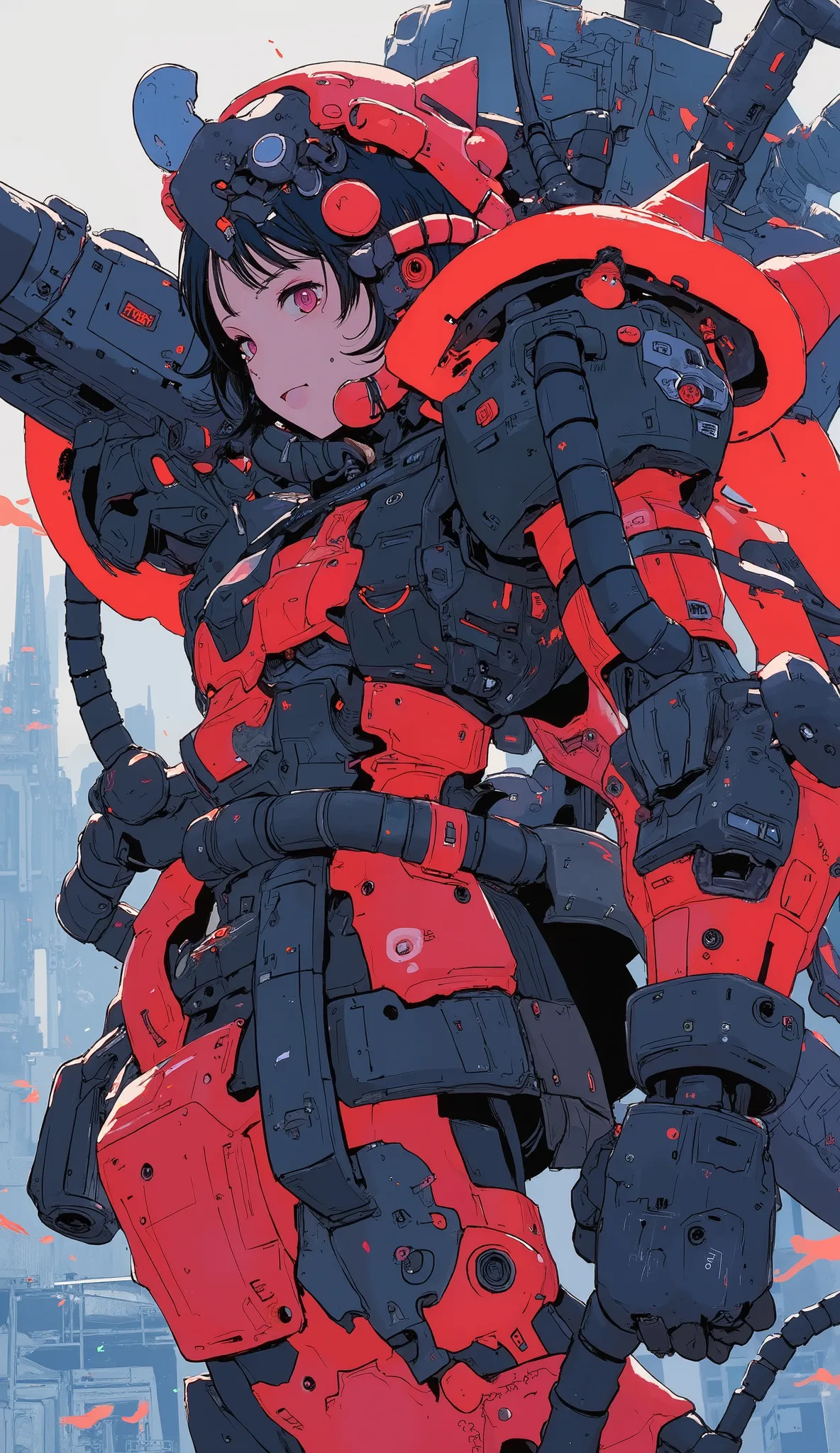 close-up of a person, Zaku, dynamic action pose ,red, MEGASCAN , Shiro Masamune style , Masamune Shirow, inspired Masamune Shirow, Zaku, Female Mecha, Black Mecha, Japanese Mecha, Macross's style, Mecha Girl