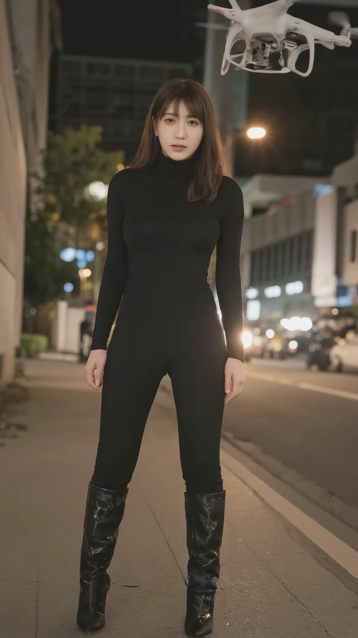 women wearing tight hijab named rio hikarunagi nanase, a photo of Kotone, beautiful face perfect, wearing high heels , background on sidewalk street with cinematic lighting, 1 drone flying over it