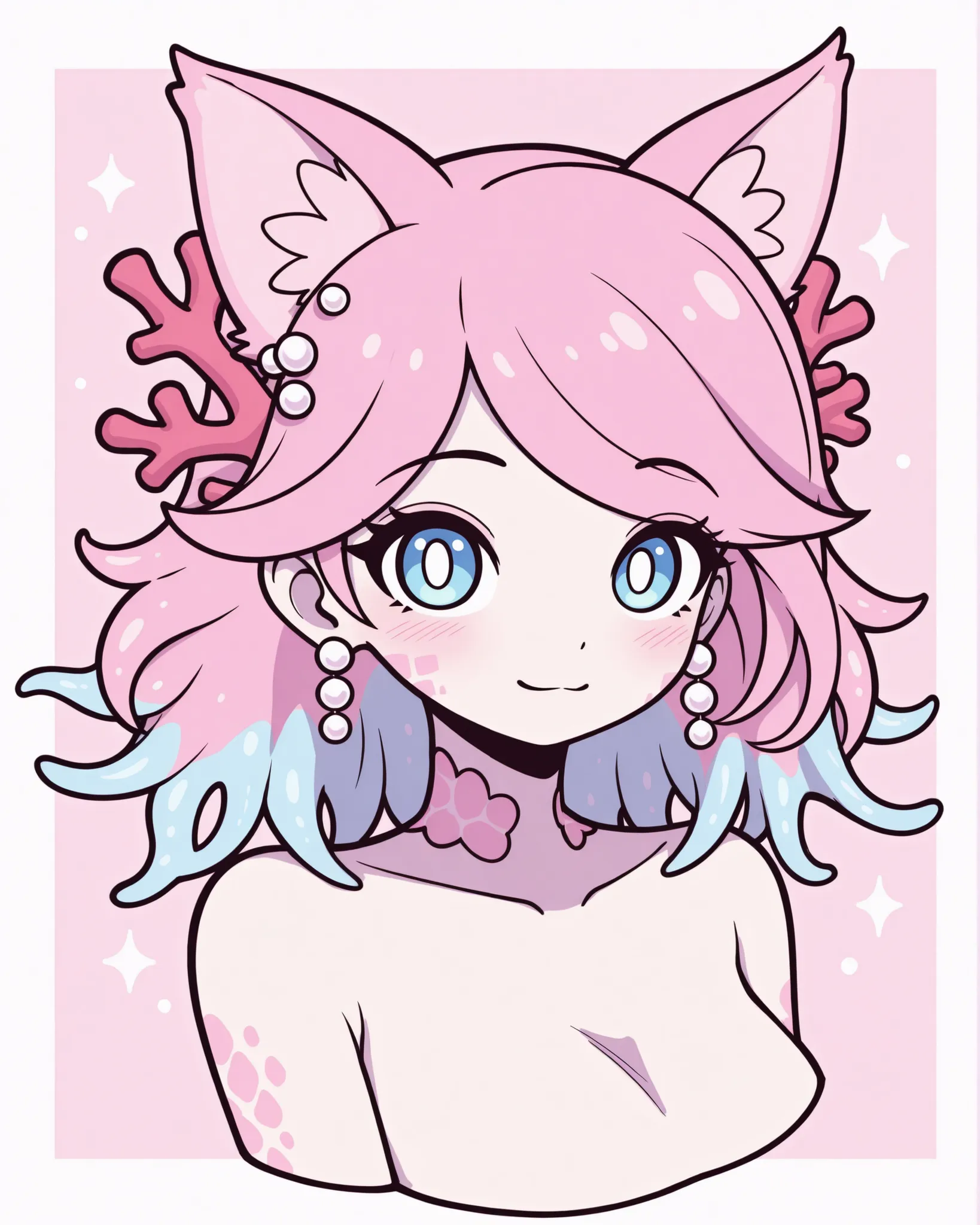 (fantasy sea-themed kemonomimi girl:1.3), marine creature-inspired girl, soft elegant shojo style, shimmering blue-pink hair shaped like floating fins, soft marine details (pearl earrings, coral accents, subtle bioluminescent scales), large expressive eyes...