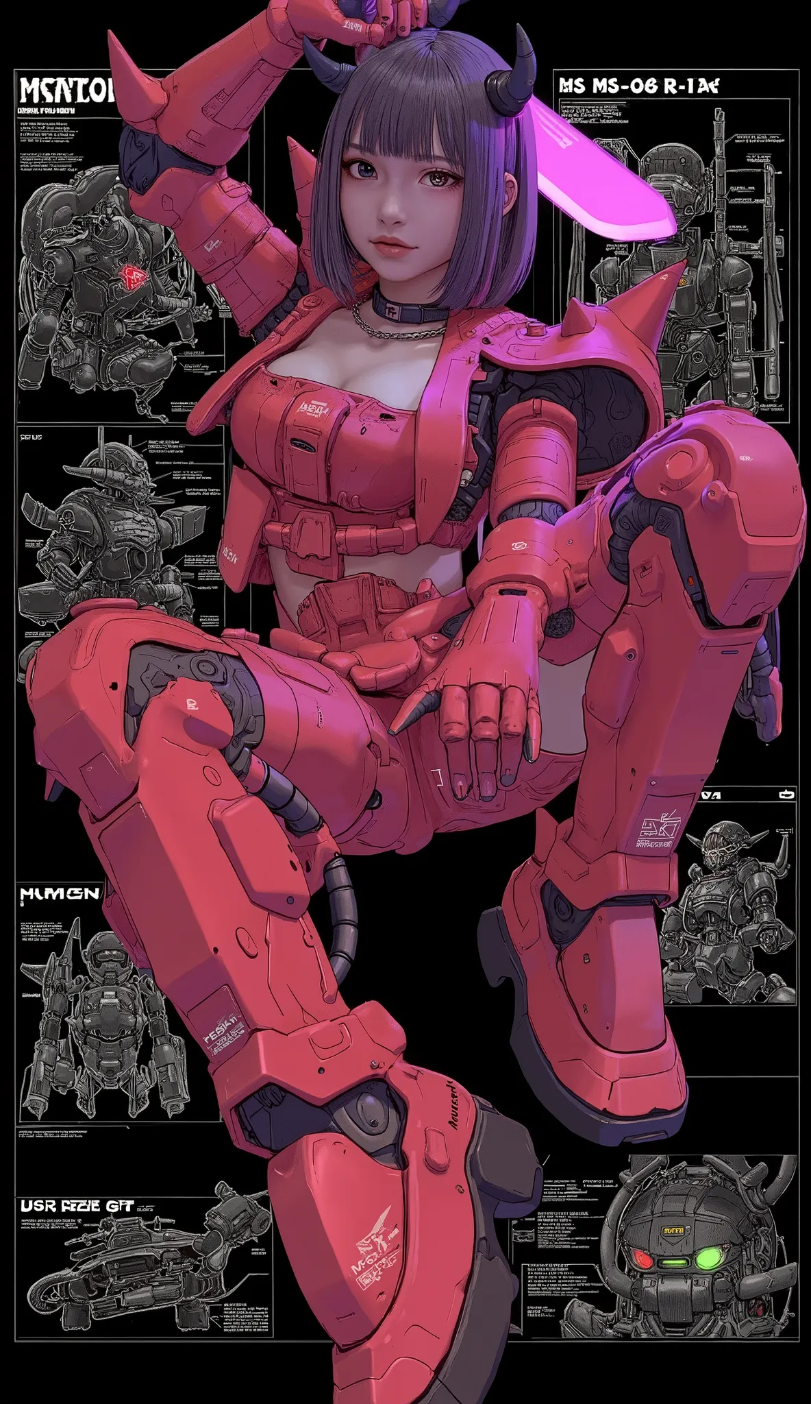A young man with a rebellious spirit、depicts female characters wearing high-tech costumes, Mech-style armor. characters are drawn in action poses, suggests agility and strength. She is wearing a red suit that combines elements of futuristic technology with...