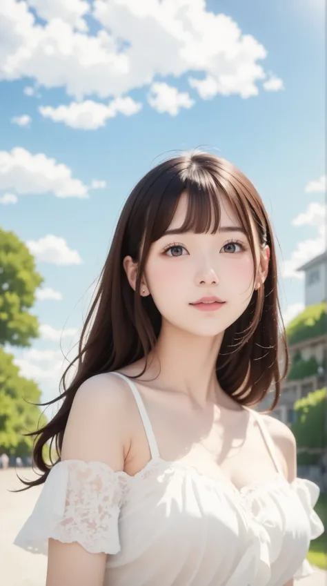 (((Simple setup)))、((( the background is a white wall:1.2)))、Ultra realistic pictures、film grain、Realistic、 One Girl、 very elaborate face 、 cute face、 white blouse against a cloudy sky 、絵のように beautiful 、sketch、 very delicate 、Cloud-like wall、、 floral...