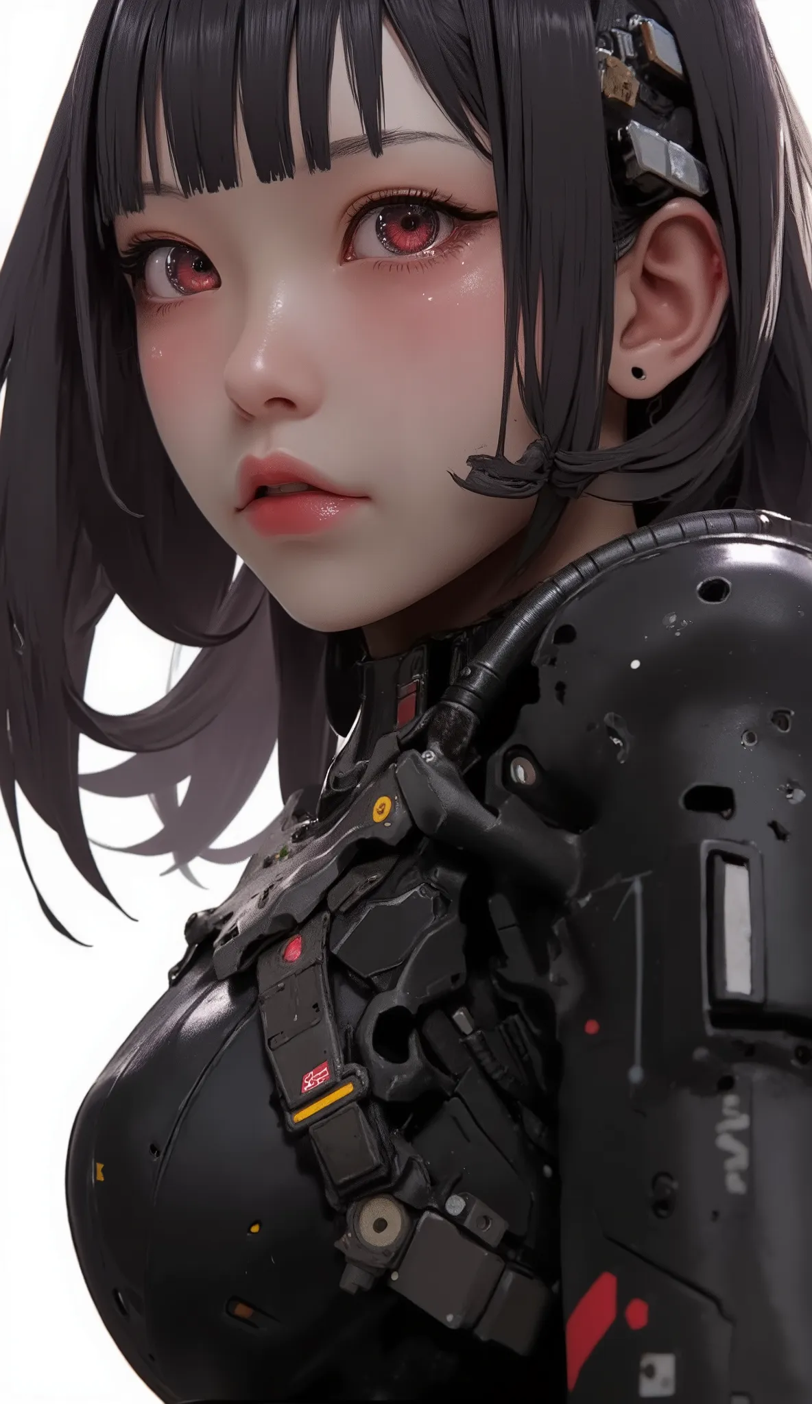 close-up of a person, Zaku, dynamic action pose ,red, MEGASCAN , Shiro Masamune style , Masamune Shirow, inspired Masamune Shirow, Zaku, Female Mecha, Black Mecha, Japanese Mecha, Macross's style, Mecha Girl, gravure style、big breasts、