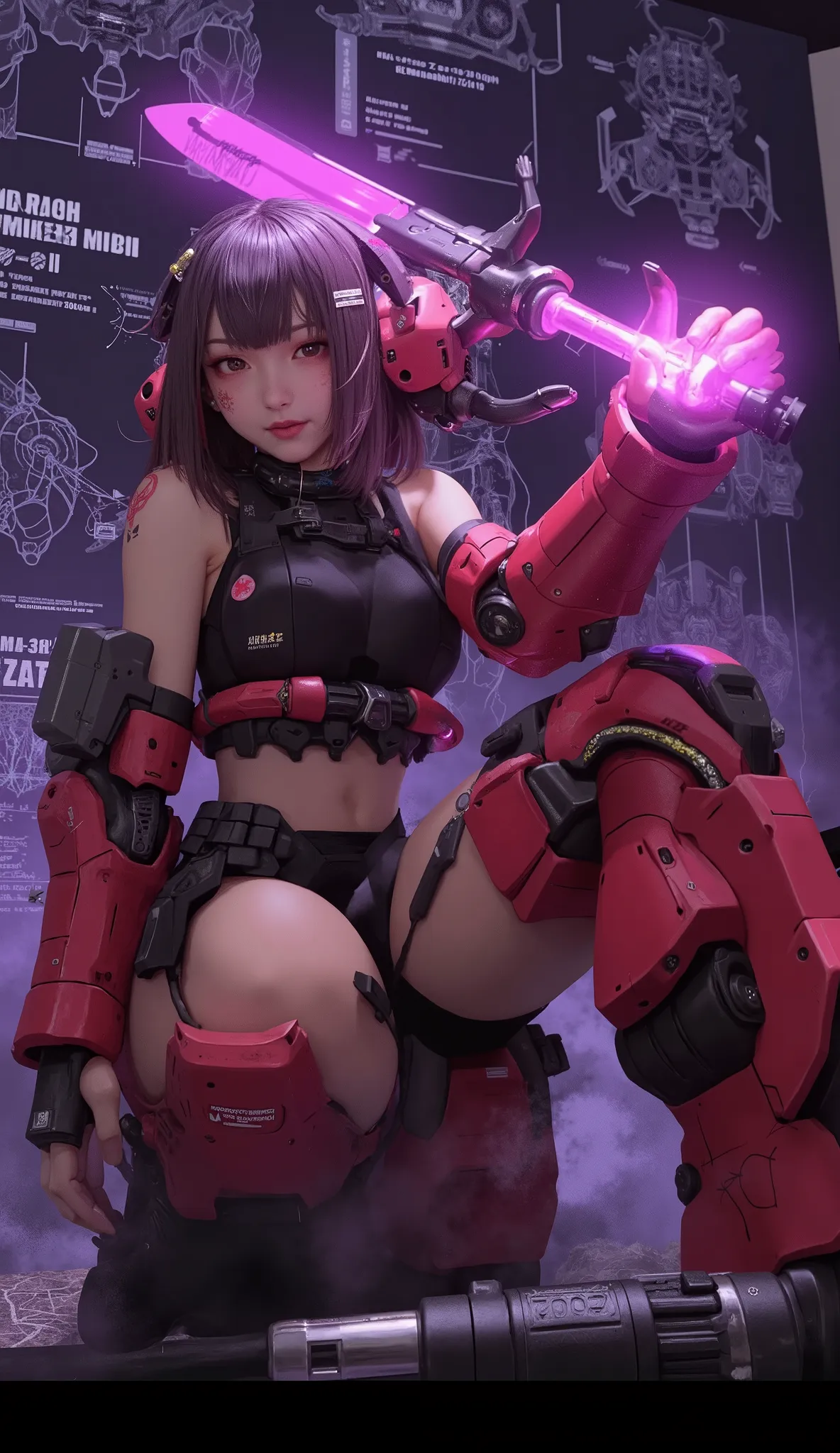 A young man with a rebellious spirit、depicts female characters wearing high-tech costumes, Mech-style armor. characters are drawn in action poses, suggests agility and strength. She is wearing a red suit that combines elements of futuristic technology with...