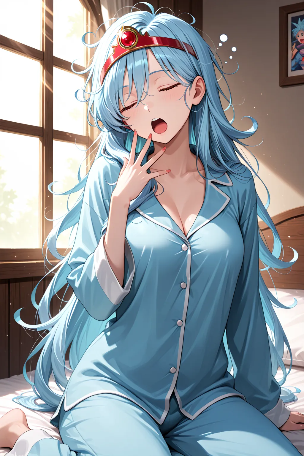 The Female Sage in Dragon Quest 3（ bright light blue hair ､long hair､red jewel tiara､in pajamas）、Morning sunlight shines through a window、Disheveled hair with sleeping habits､Waking up､yawning､on the bed､sitting on the bed