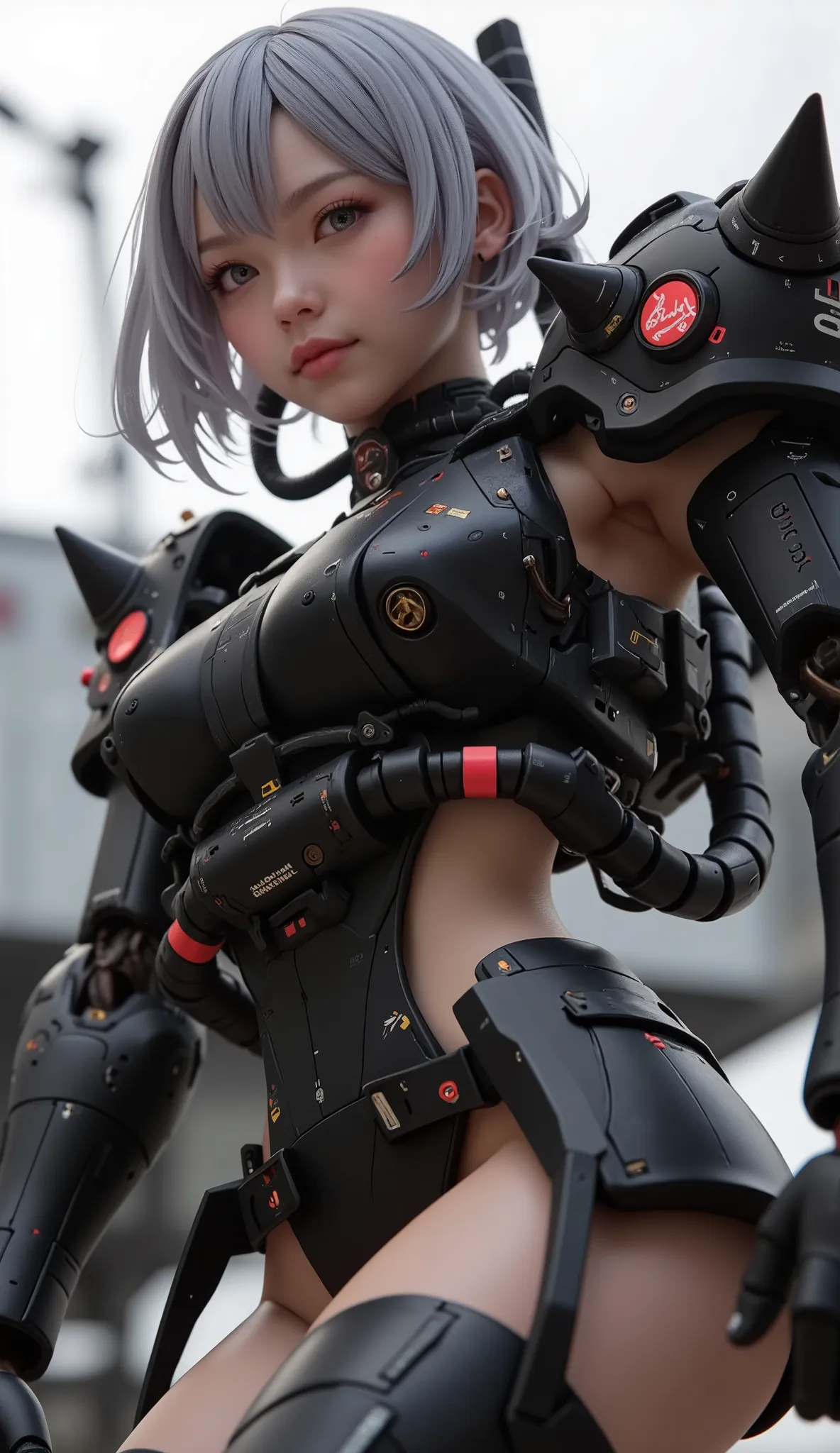 close-up of a person, Zaku, dynamic action pose ,red, MEGASCAN , Shiro Masamune style , Masamune Shirow, inspired Masamune Shirow, Zaku, Female Mecha, Black Mecha, Japanese Mecha, Macross's style, Mecha Girl, gravure style、big breasts、twin tails、 Silver Ha...