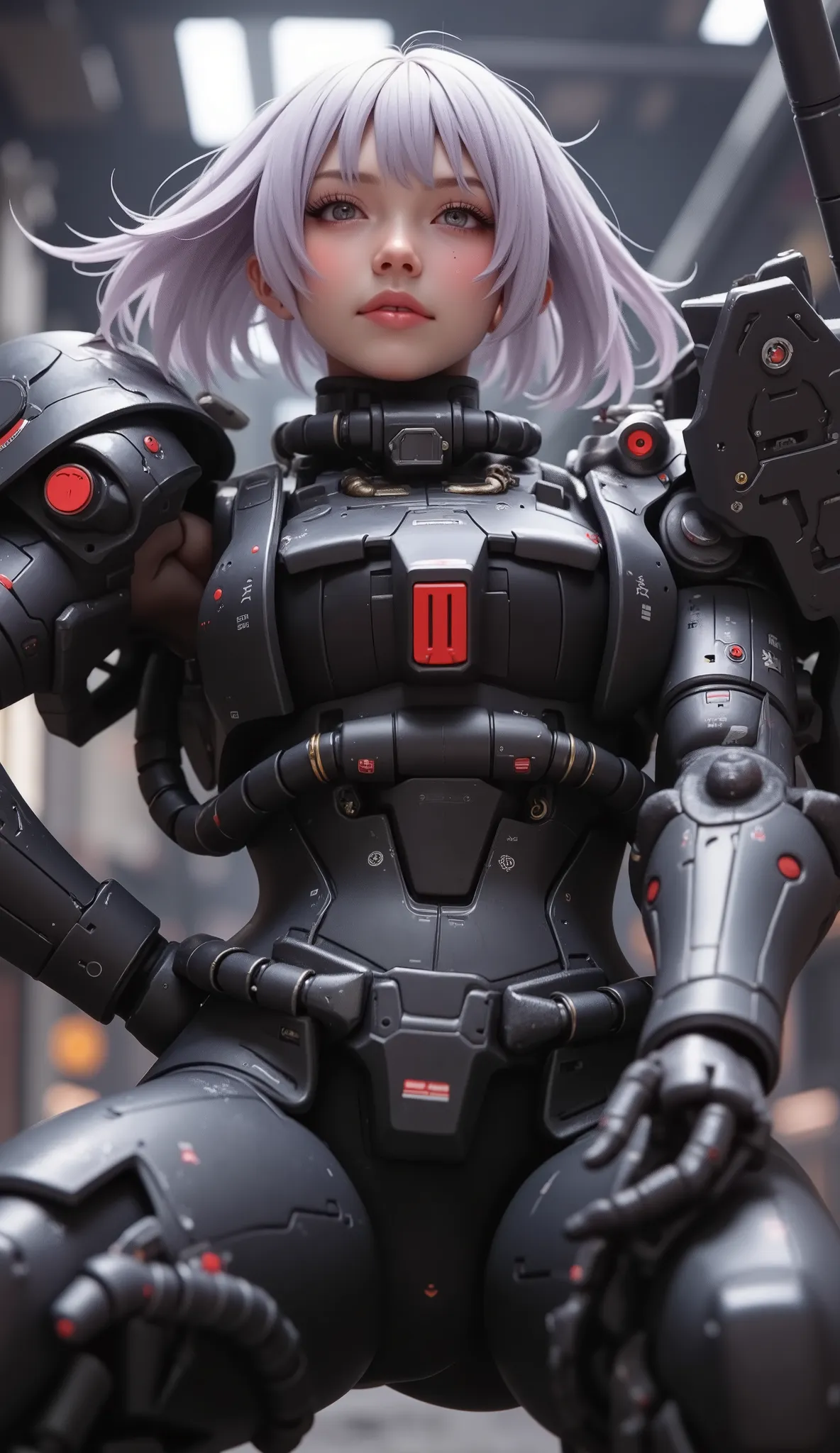 close-up of a person, Zaku, dynamic action pose ,red, MEGASCAN , Shiro Masamune style , Masamune Shirow, inspired Masamune Shirow, Zaku, Female Mecha, Black Mecha, Japanese Mecha, Macross's style, Mecha Girl, gravure style、big breasts、twin tails、 Silver Ha...