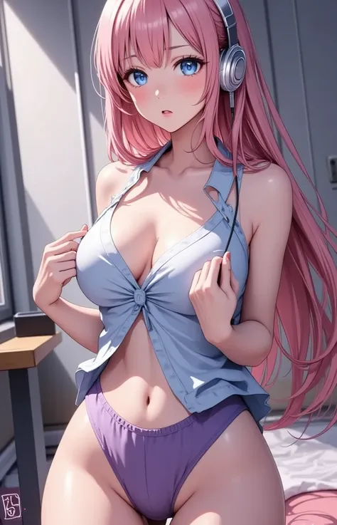  (masterpiece,  computer, mejor quality,  Clear focus, shadow, Anime style, ultra high resolution, 8K, perfect anatomy, perfect face, (detailed face), (  Detailed eye  ), score_9, score_8_above, score_7_above, score_6_above, score_5_above, score_4_above,  source _animated, Label 1, Label2, quality_masterpiece, Anatomically correct, beautiful face, perfect face, Beautiful and highly detailed face and eyes, Attractive face, detailed face, Delicate facial features, detailed skin, huge breasts, breast size cup D or DD, wide hips, gigantic butt, thick thighs. looking at the spectator. Anime style illustration of a beautiful woman with an elegant and sensual look. An attractive and voluptuous young anime woman with long, straight pink hair, big blue eyes with a shy and flushed expression. She wears large headband headphones on her neck, modern design in shades of gray and purple. She wears a light blue sleeveless t-shirt, lifting it slightly with one hand, , which reveals part of her abdomen. 