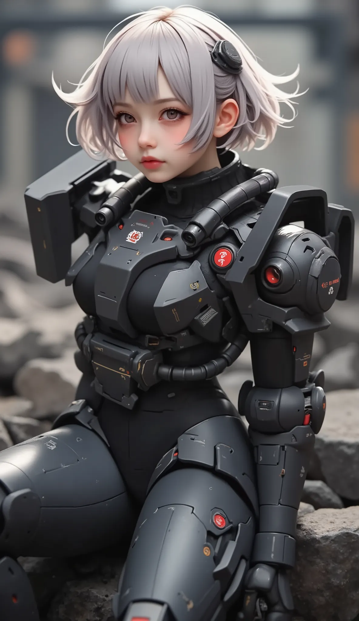 close-up of a person, Zaku, dynamic action pose ,red, MEGASCAN , Shiro Masamune style , Masamune Shirow, inspired Masamune Shirow, Zaku, Female Mecha, Black Mecha, Japanese Mecha, Macross's style, Mecha Girl, gravure style、big breasts、twin tails、 Silver Ha...