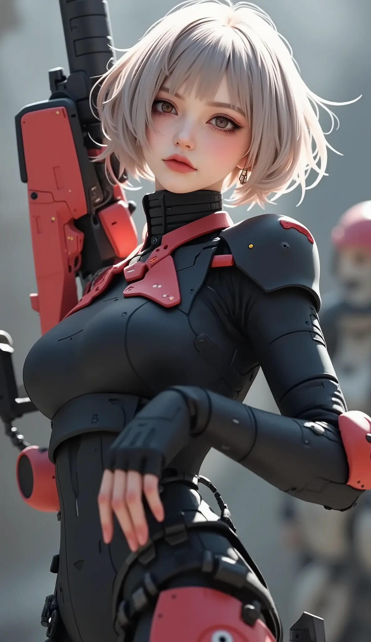 close-up of a person, Zaku, dynamic action pose ,red, MEGASCAN , Shiro Masamune style , Masamune Shirow, inspired Masamune Shirow, Zaku, Female Mecha, Black Mecha, Japanese Mecha, Macross's style, Mecha Girl, gravure style、big breasts、short hair、 Silver Ha...