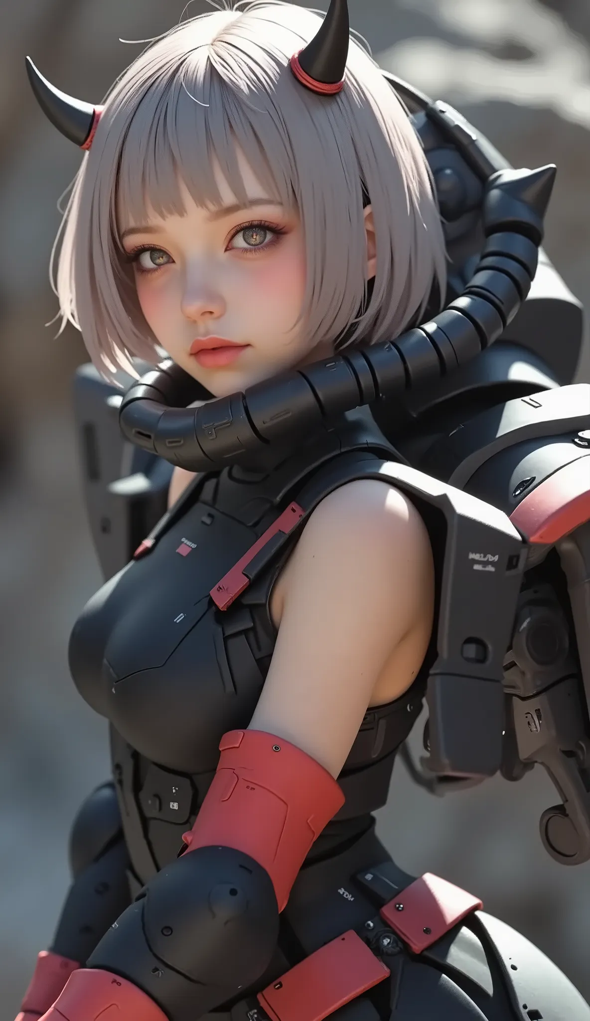 close-up of a person, Zaku, dynamic action pose ,red, MEGASCAN , Shiro Masamune style , Masamune Shirow, inspired Masamune Shirow, Zaku, Female Mecha, Black Mecha, Japanese Mecha, Macross's style, Mecha Girl, gravure style、big breasts、short hair、 Silver Ha...
