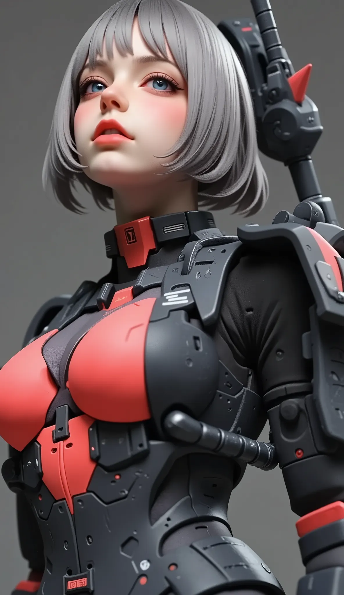 close-up of a person, Zaku, dynamic action pose ,red, MEGASCAN , Shiro Masamune style , Masamune Shirow, inspired Masamune Shirow, Zaku, Female Mecha, Black Mecha, Japanese Mecha, Macross's style, Mecha Girl, gravure style、big breasts、short hair、 Silver Ha...