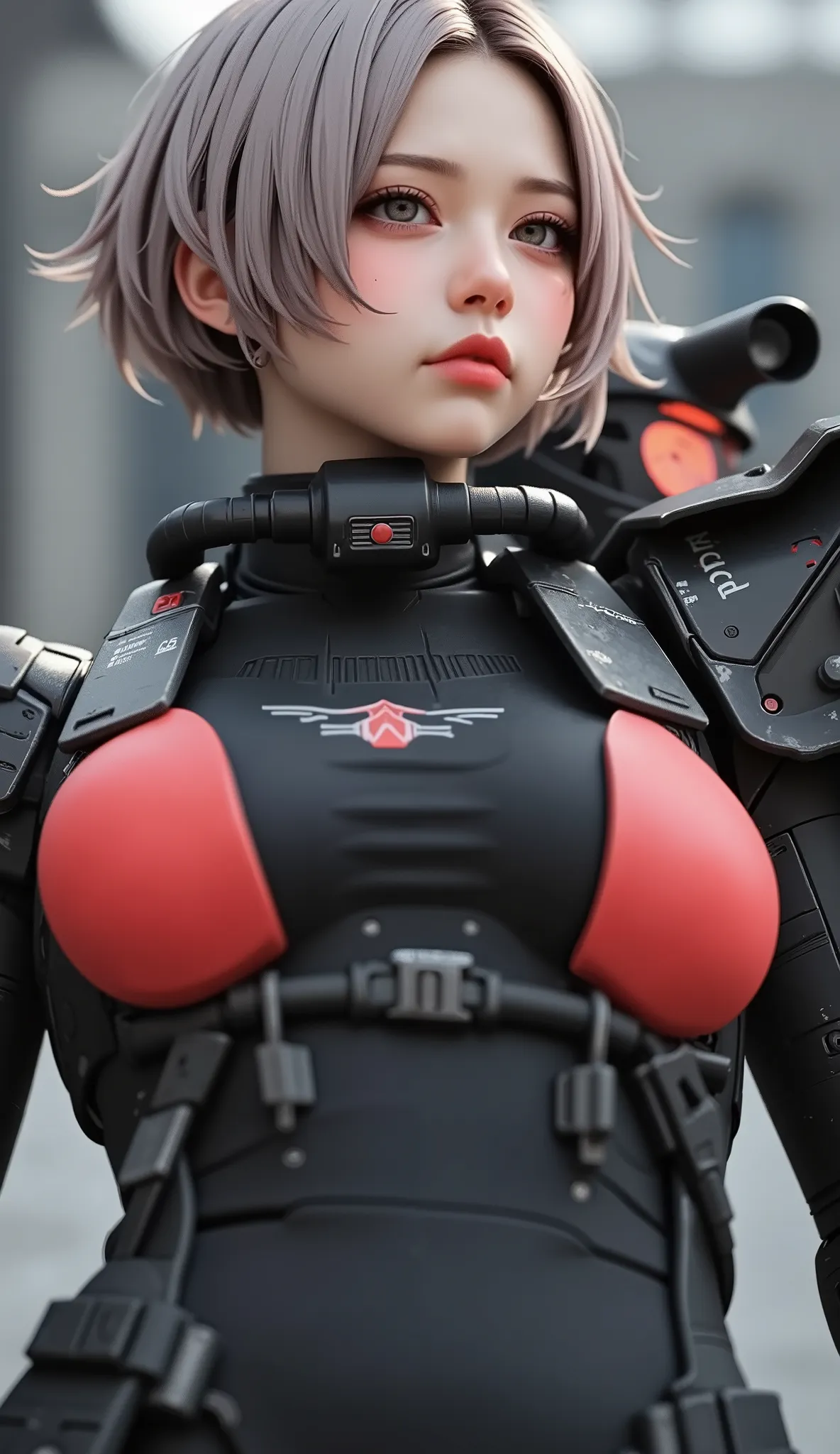 close-up of a person, Zaku, dynamic action pose ,red, MEGASCAN , Shiro Masamune style , Masamune Shirow, inspired Masamune Shirow, Zaku, Female Mecha, Black Mecha, Japanese Mecha, Macross's style, Mecha Girl, gravure style、big breasts、short hair、 Silver Ha...