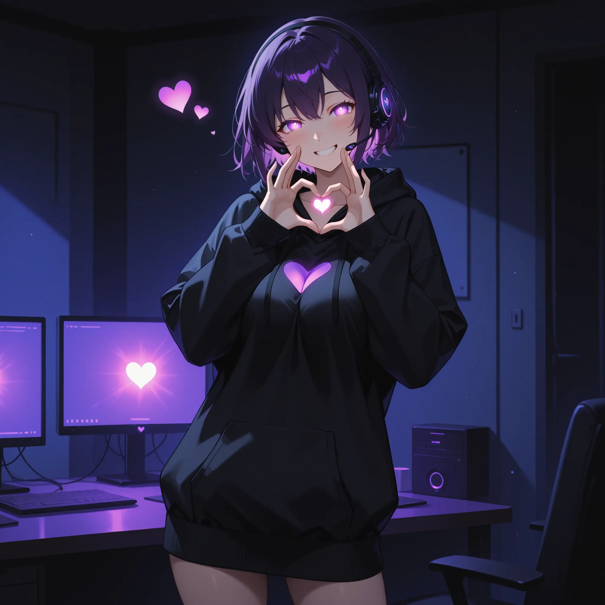 masterpiece, Cute anime girl completely and close to the frame. Black short hair with purple curls. in a black hoodie . Standing at night, in a dark room with neon elements, at the table and computer against the background. There are cute soft toys and a c...