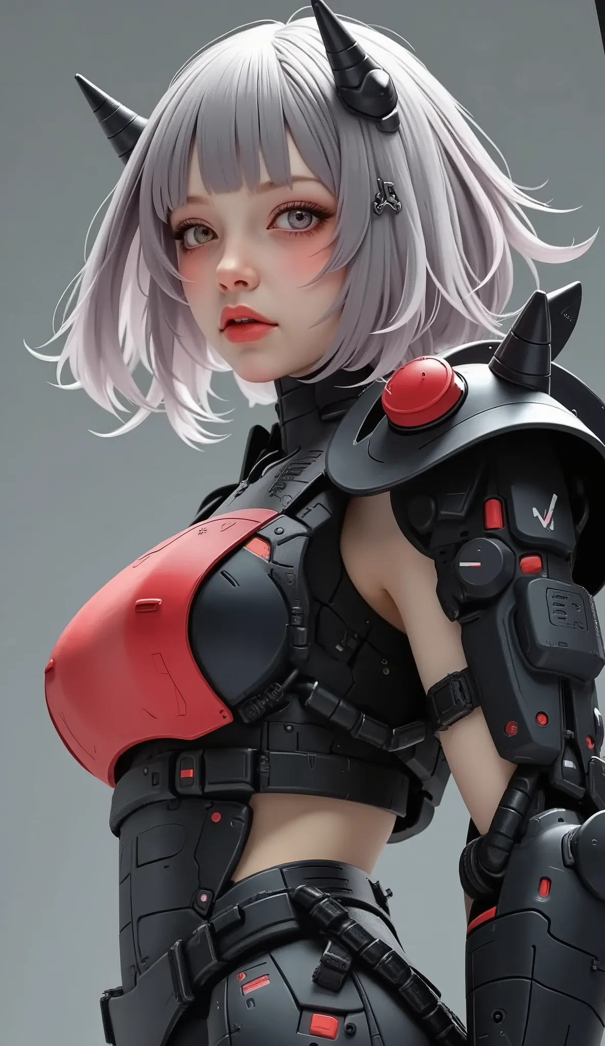 close-up of a person, Zaku, dynamic action pose ,red, MEGASCAN , Shiro Masamune style , Masamune Shirow, inspired Masamune Shirow, Zaku, Female Mecha, Black Mecha, Japanese Mecha, Macross's style, Mecha Girl, gravure style、big breasts、twin tails、 Silver Ha...