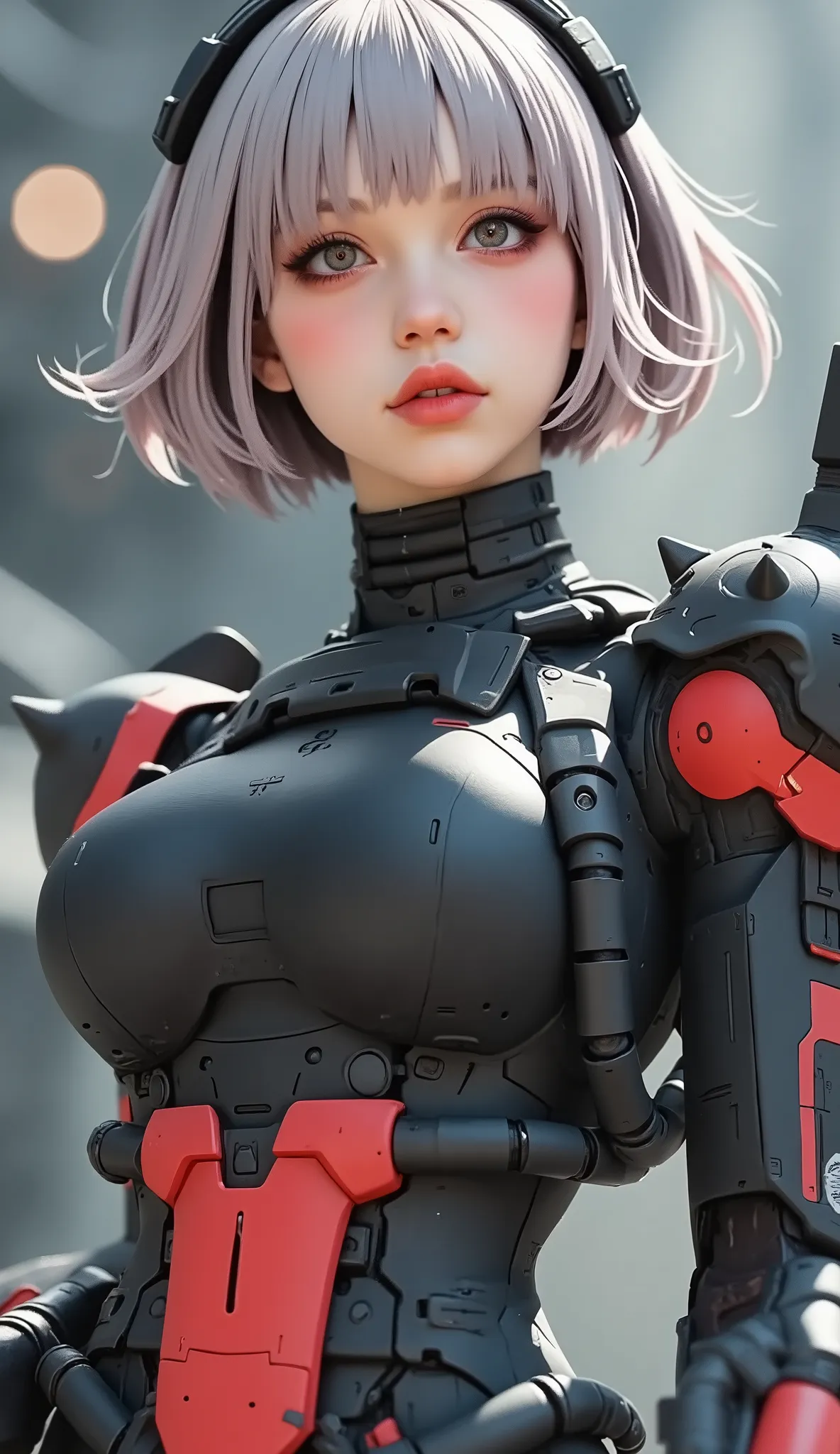 close-up of a person, Zaku, dynamic action pose ,red, MEGASCAN , Shiro Masamune style , Masamune Shirow, inspired Masamune Shirow, Zaku, Female Mecha, Black Mecha, Japanese Mecha, Macross's style, Mecha Girl, gravure style、big breasts、twin tails、 Silver Ha...
