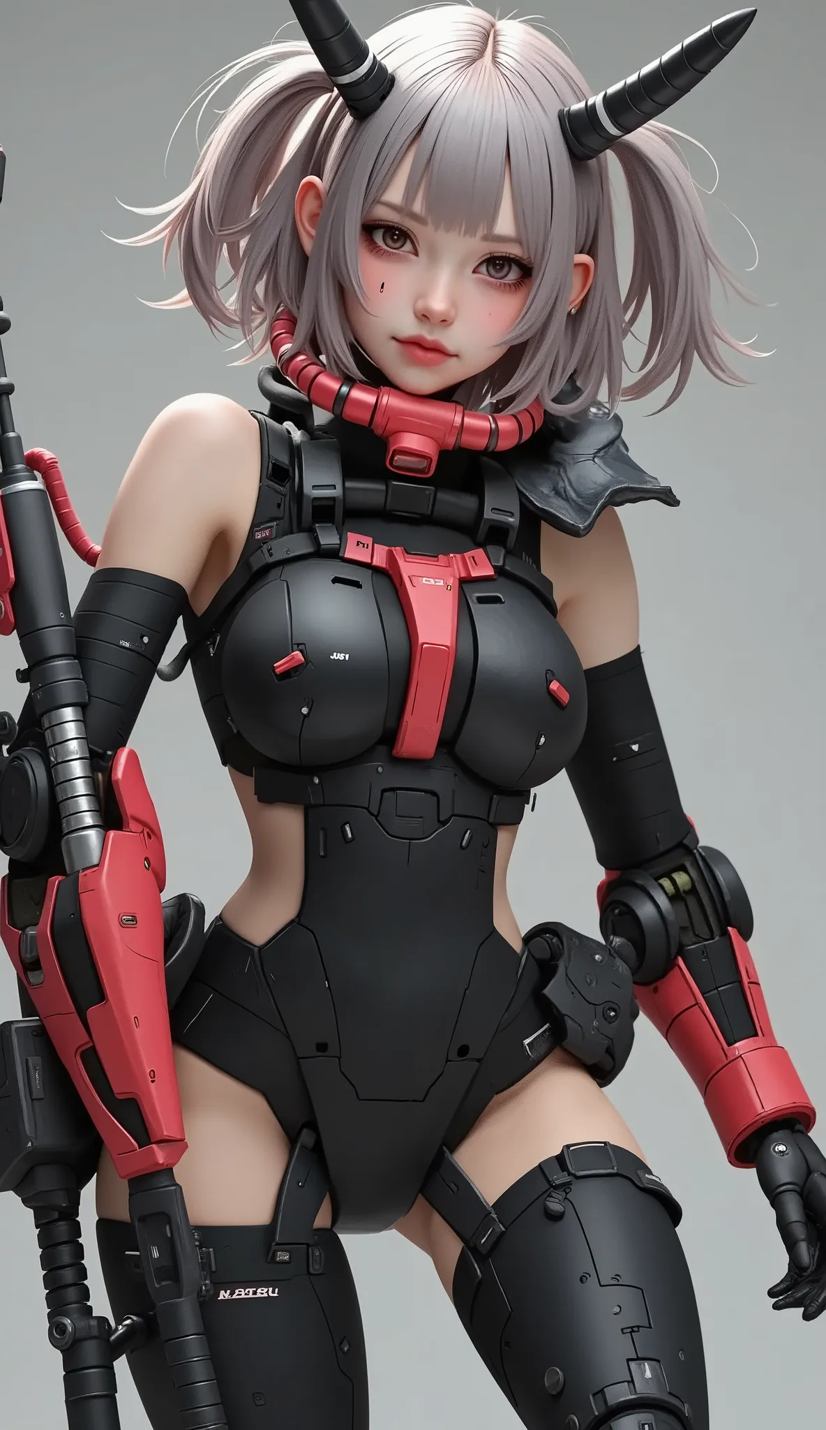 close-up of a person, Zaku, dynamic action pose ,red, MEGASCAN , Shiro Masamune style , Masamune Shirow, inspired Masamune Shirow, Zaku, Female Mecha, Black Mecha, Japanese Mecha, Macross's style, Mecha Girl, gravure style、big breasts、twin tails、 Silver Ha...