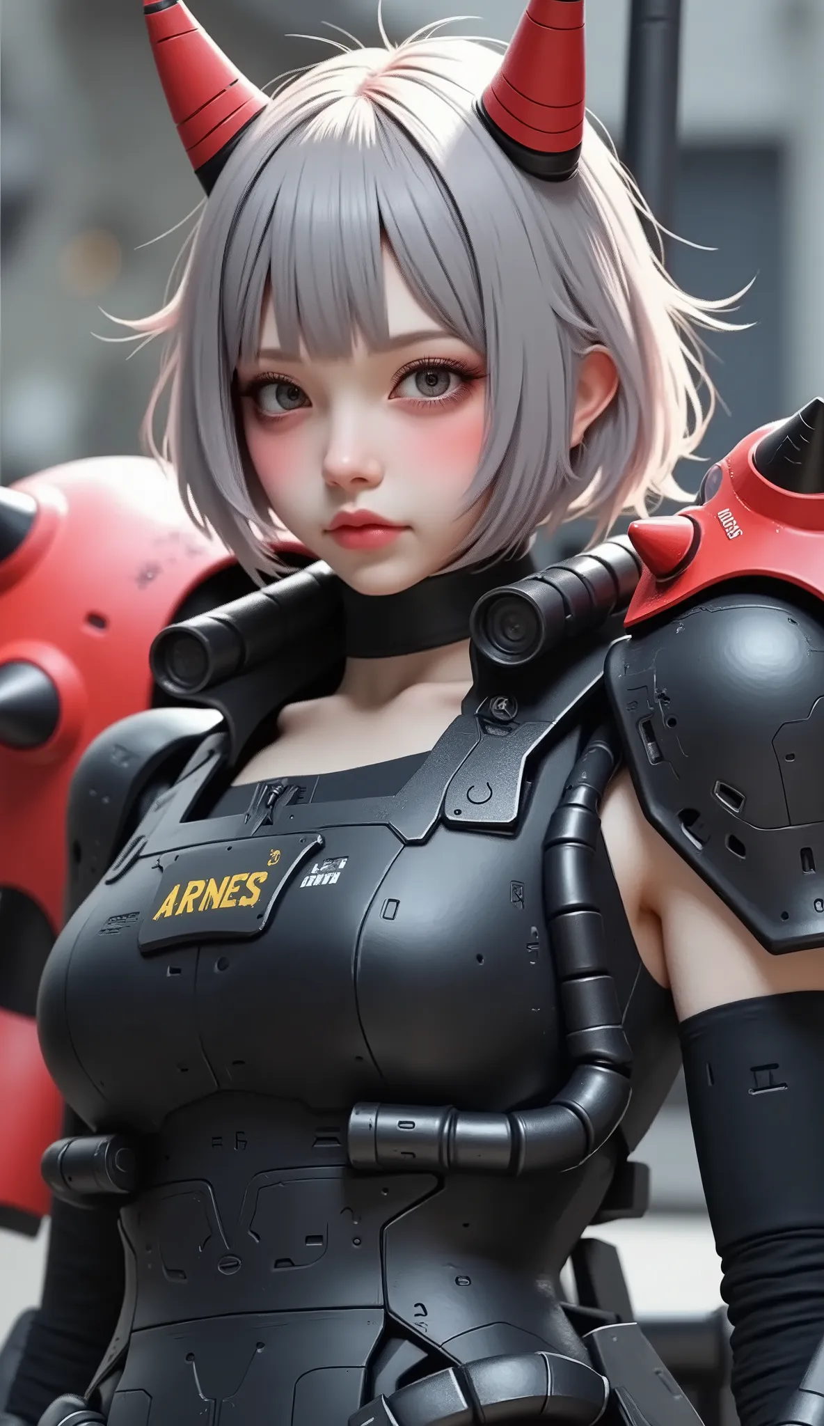 close-up of a person, Zaku, dynamic action pose ,red, MEGASCAN , Shiro Masamune style , Masamune Shirow, inspired Masamune Shirow, Zaku, Female Mecha, Black Mecha, Japanese Mecha, Macross's style, Mecha Girl, gravure style、big breasts、twin tails、 Silver Ha...