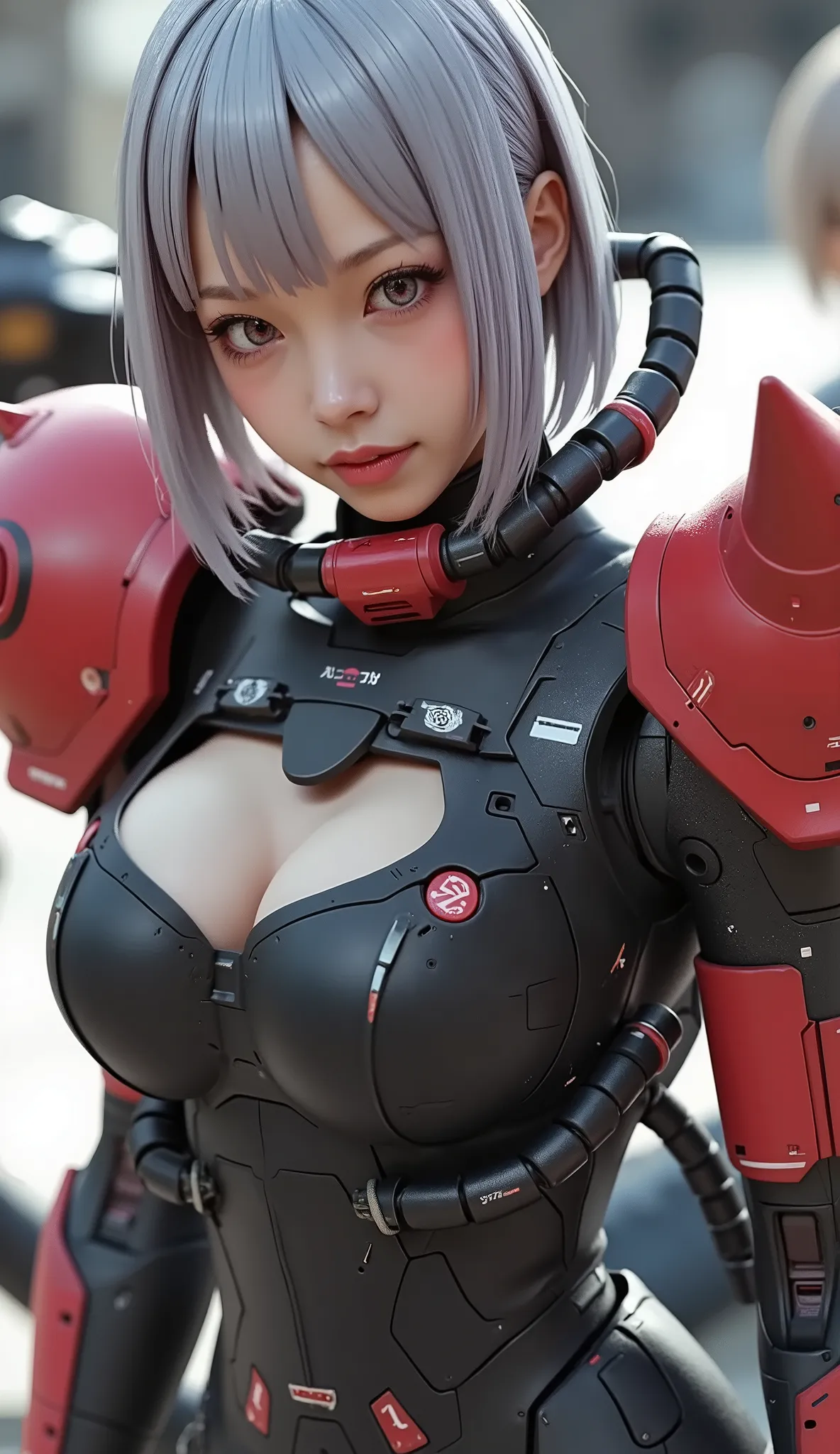 close-up of a person, Zaku, dynamic action pose ,red, MEGASCAN , Shiro Masamune style , Masamune Shirow, inspired Masamune Shirow, Zaku, Female Mecha, Black Mecha, Japanese Mecha, Macross's style, Mecha Girl, gravure style、big breasts、twin tails、 Silver Ha...