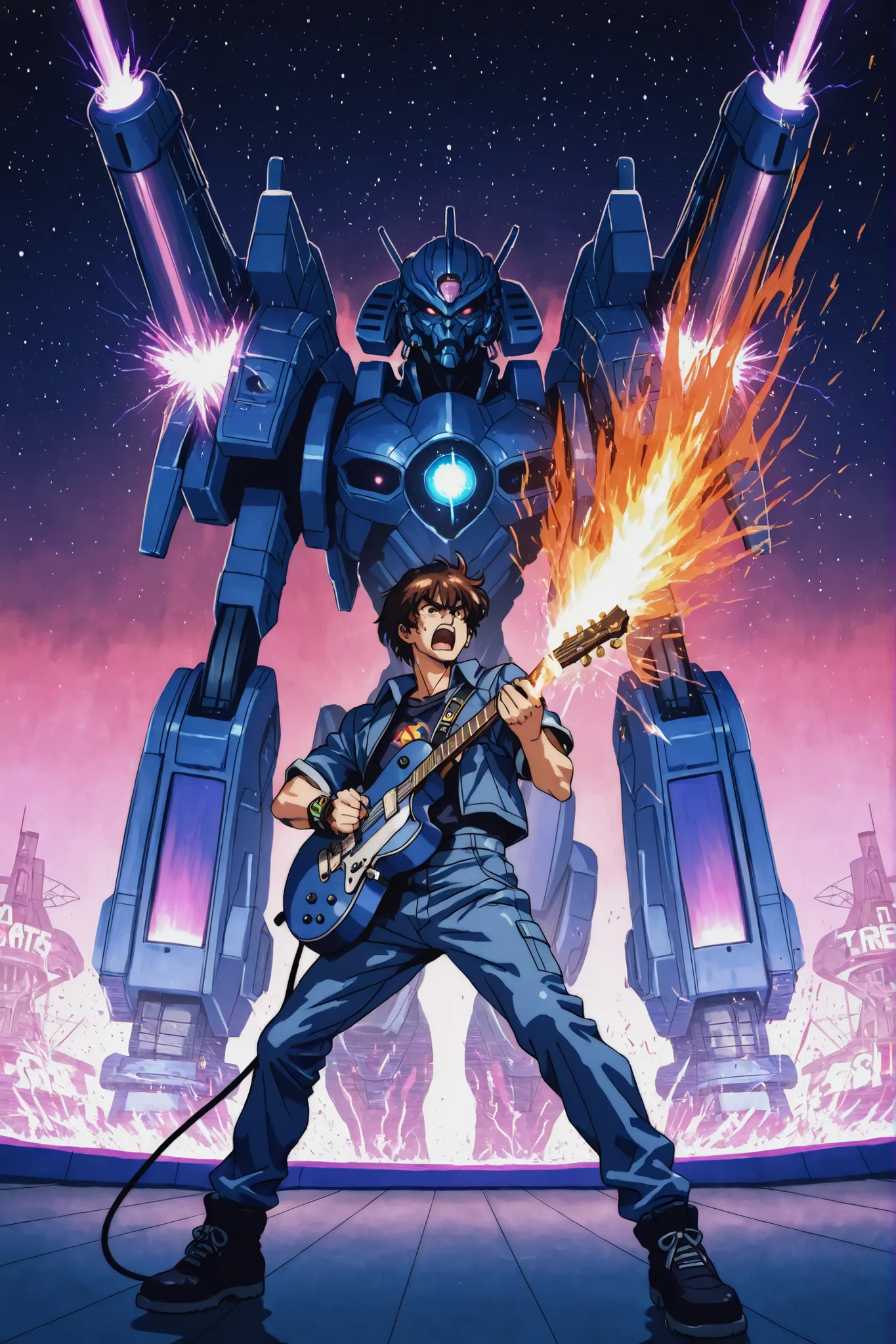 A blistering, cinematic and heroically aggressive electric guitar riff that captures the essence of 90s arcade space shooters like Thunder Force V and Raiden, fused with modern metal intensity and synthwave futurism. Picture an intergalactic dogfight at li...