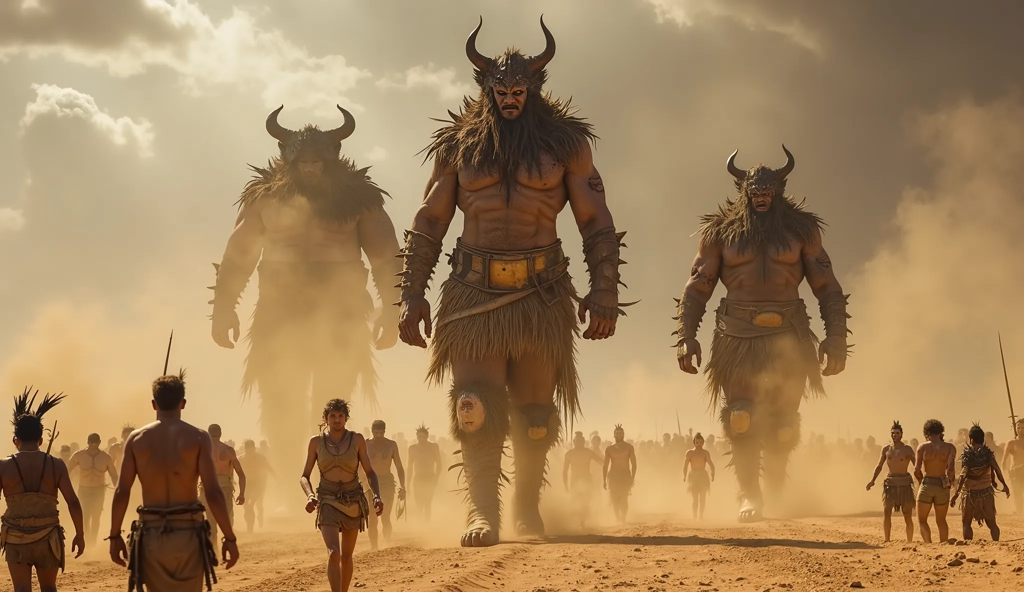 **Optimized Prompt:**  
In a vast desert landscape under stormy skies, towering Nephilim giants clad in rugged barbarian attire—animal hides and bronze armor—strode through a panicked crowd of ancient humans in primitive woven garments, their dark, angular...