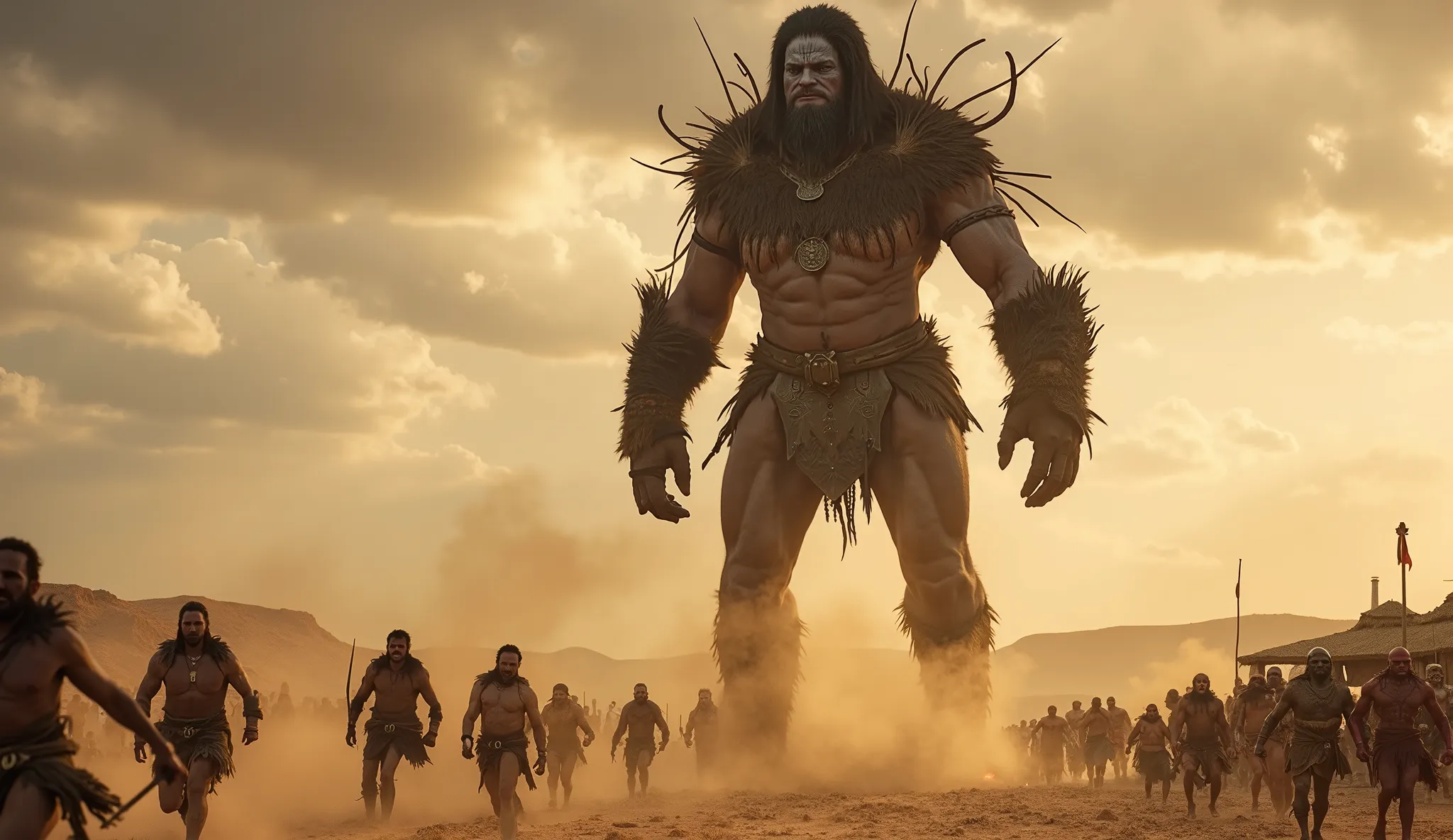 **Optimized Prompt:**  
In a vast desert landscape under stormy skies, towering Nephilim giants clad in rugged barbarian attire—animal hides and bronze armor—strode through a panicked crowd of ancient humans in primitive woven garments, their dark, angular...