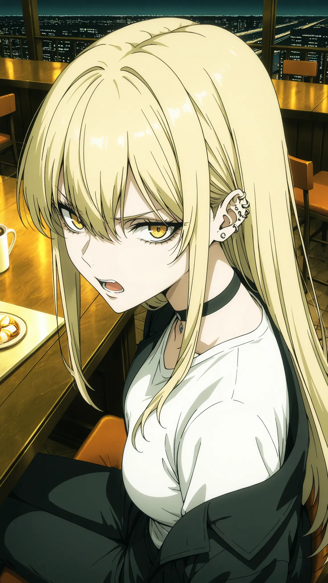 Guideau, The Witch And The Beast
High quality ,  best quality , masterpiece,  High Resolution , anatomically correct, anime coloring,
solo, 1 girl, adult, cool woman​,
blonde hair, yellow eyes, long hair, jewelry, earrings, piercing, choker, ear piercing, ...