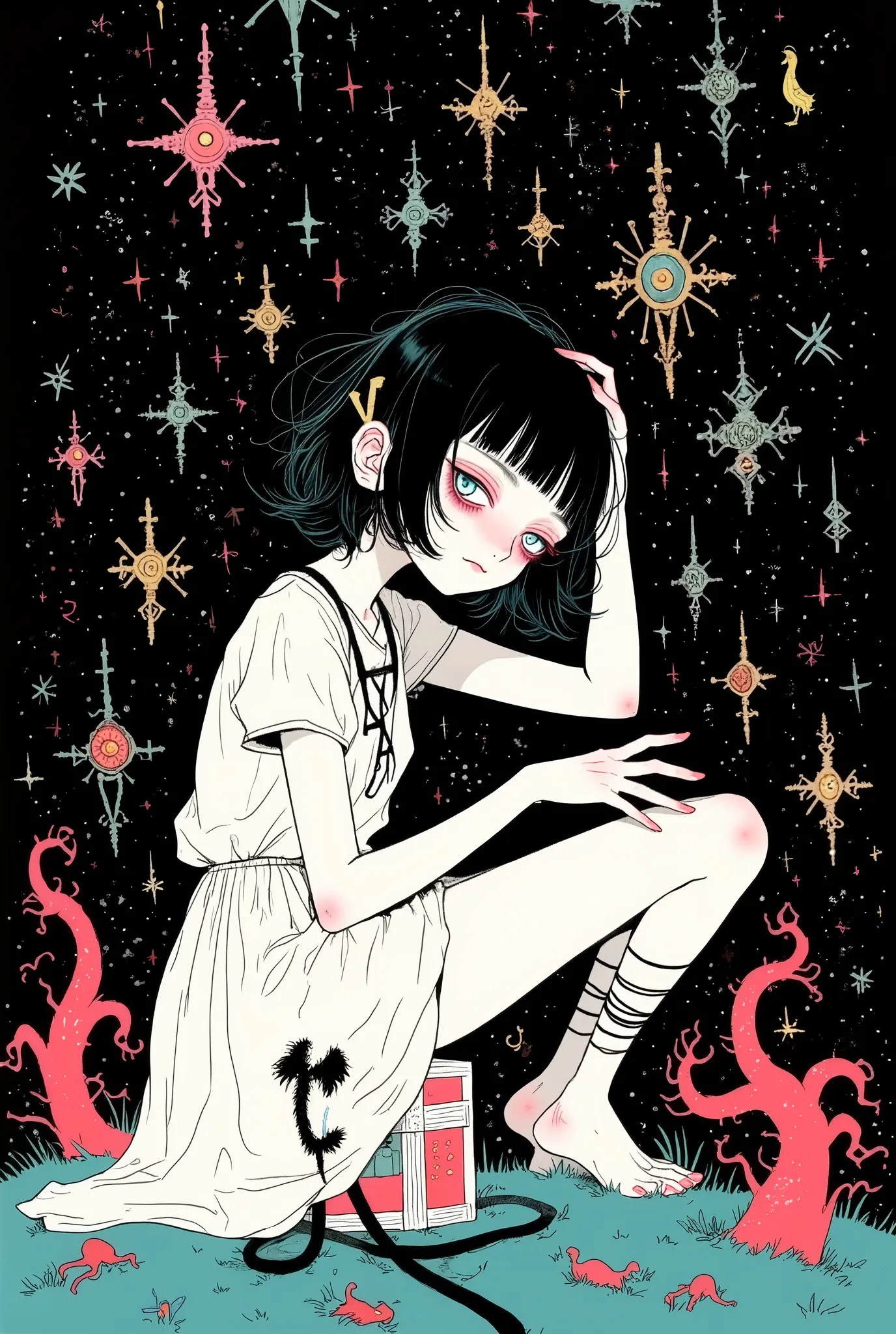 Illustration,Illustration,Fluorescent painting,gmcq style,Fantasy Realism,from a pulled - back perspective,a complete 14 - year - old black-short-haired girl. She is wearing a flowing white dress,with her head gently resting on a faintly - glowing transpar...