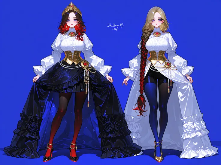 A beautiful mature woman, The Russian Empress. She has white peach skin. She has a slender, tall figure and large, voluminous breasts. (no bangs) She has curly two-tone dark brown and dark blonde hair braided into a long braid on one side. She has dark ind...