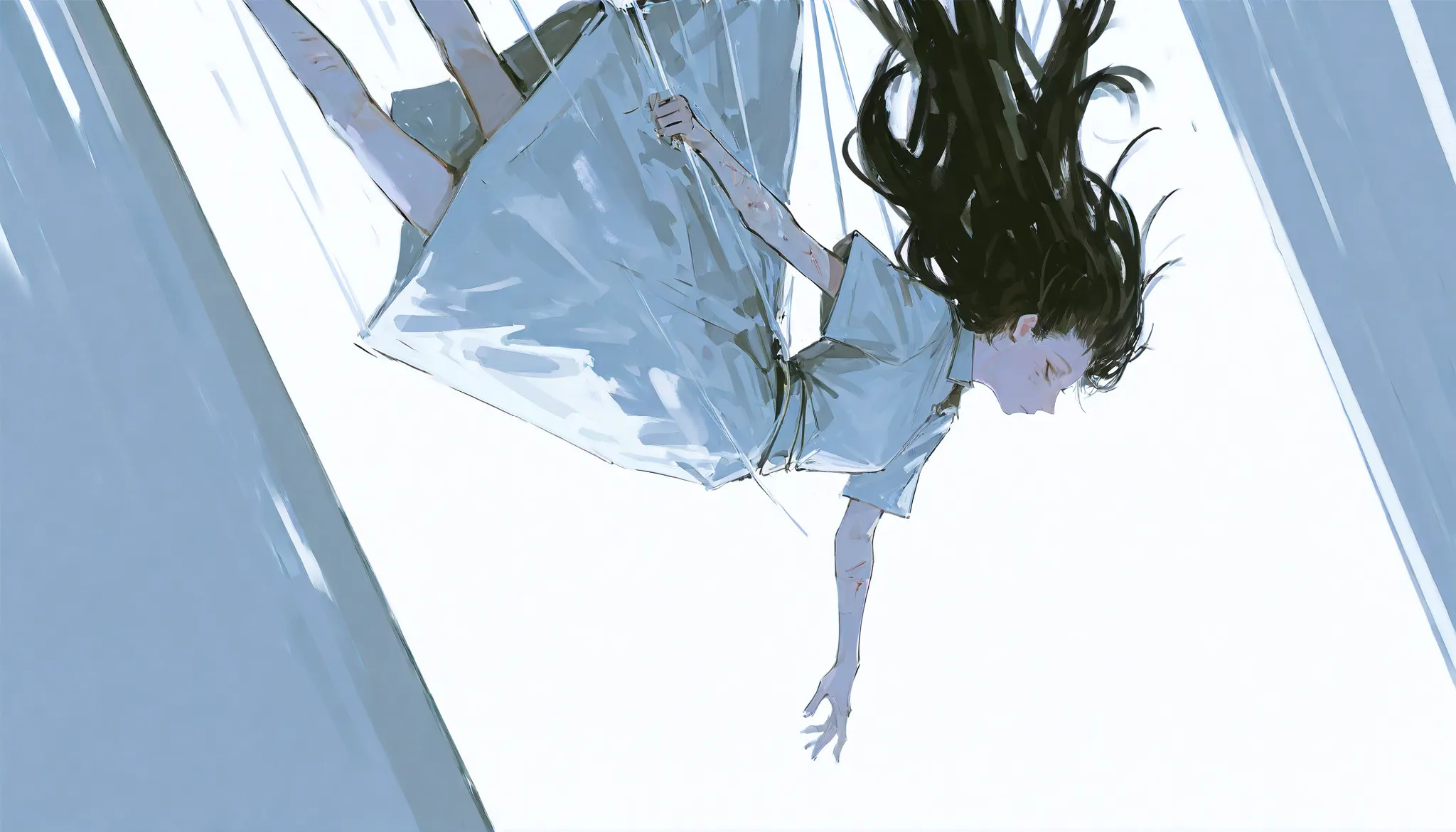 (1girl:1.5), conceptual black and white manga illustration, high contrast ink drawing, distant perspective, traditional seinen manga style. A lone woman is seen extremely far in the distance, falling slowly from a vast, empty sky. Her body is small in the ...