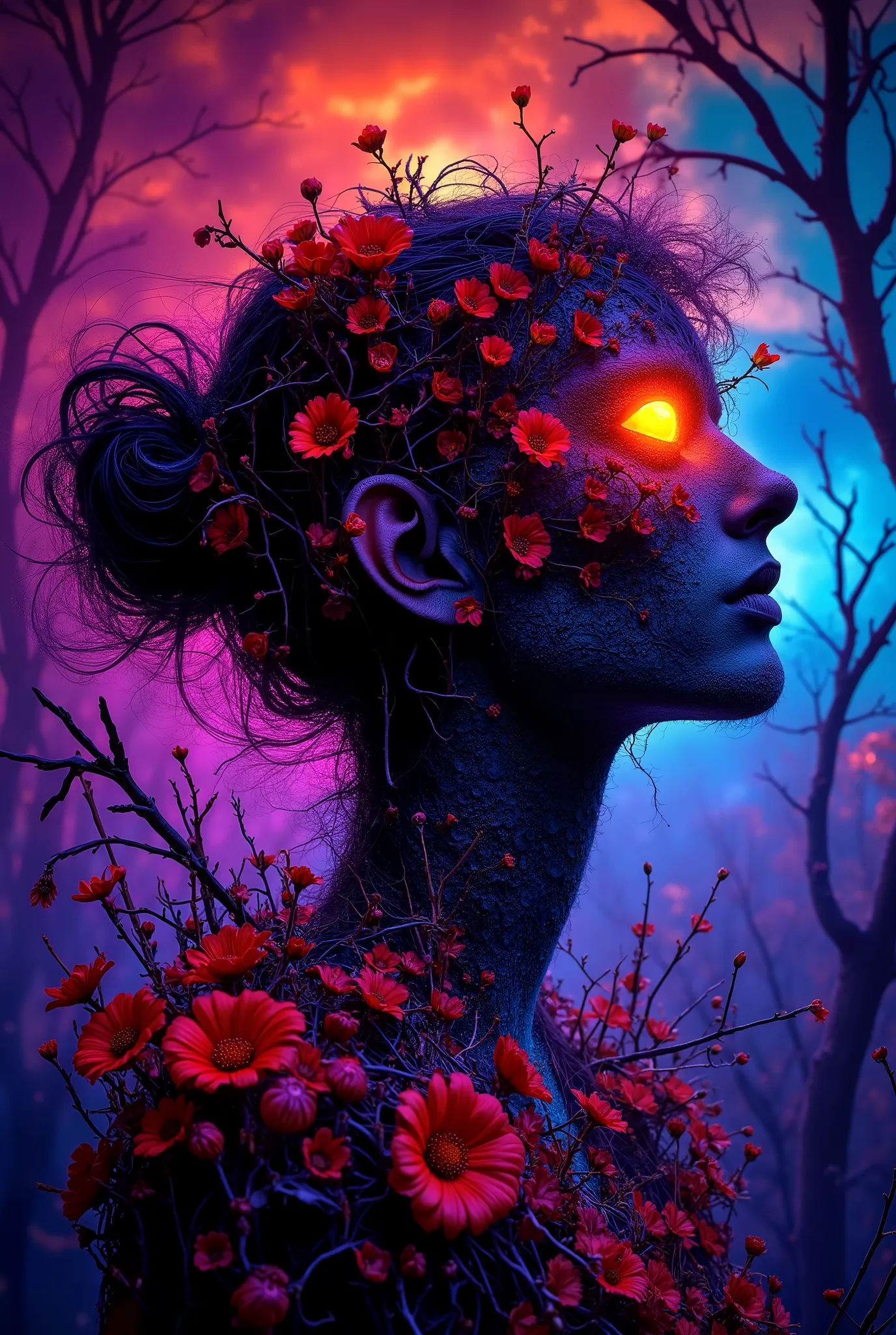 (abstract art), fractal art, psychedelic art, 1 girl, hair ornaments, Masterpiece, Highest quality, ultra high resolution, award winning art, very detailed, beautifully, beautiful, lots of flowers, corolla, colorful, surrealism, high detail, 4K, masterpiec...