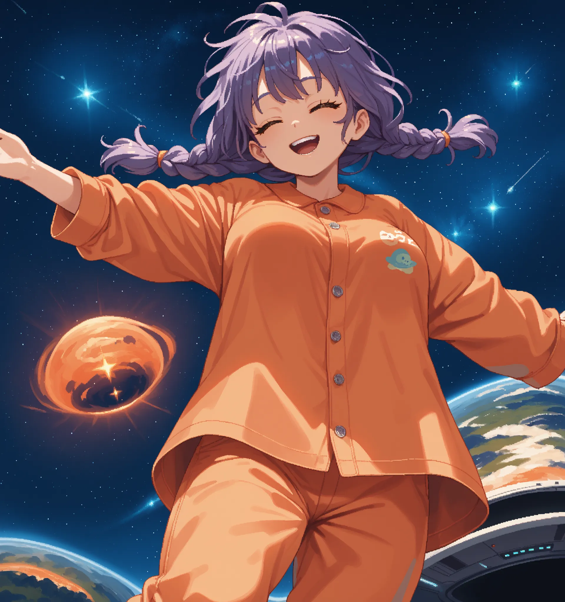 score_9, score_8_up, score_7_up, source_anime, 1girl, solo, pixel art, sleepy girl BREAK
Large breasts, twin_braids, messy hair, purple hair, half closed eyes, closed eyes BREAK
Orange pajamas, orange shirt, orange pants BREAK
floating_in_the_space, s...