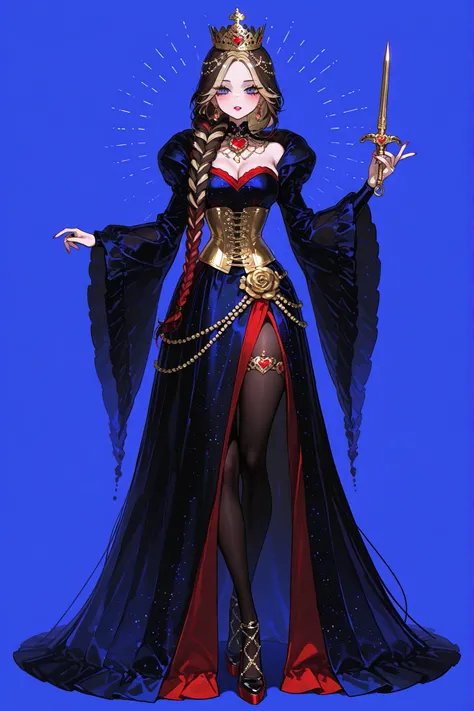 A beautiful mature woman,Queen of hearts\Russian Empress. She has white peach skin. She has a slender, tall figure and large, voluminous breasts. (no bangs) She has curly two-tone dark brown and dark blonde hair braided into a long braid on one side. She h...