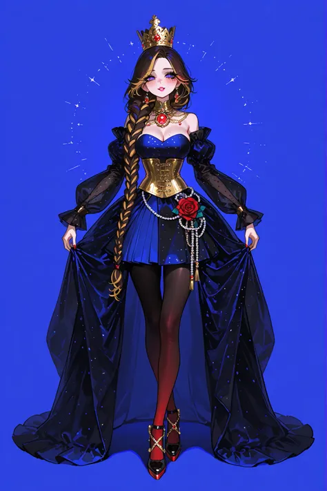 A beautiful mature woman,Queen of hearts\Russian Empress. She has white peach skin. She has a slender, tall figure and large, voluminous breasts. (no bangs) She has curly two-tone dark brown and dark blonde hair braided into a long braid on one side. She h...