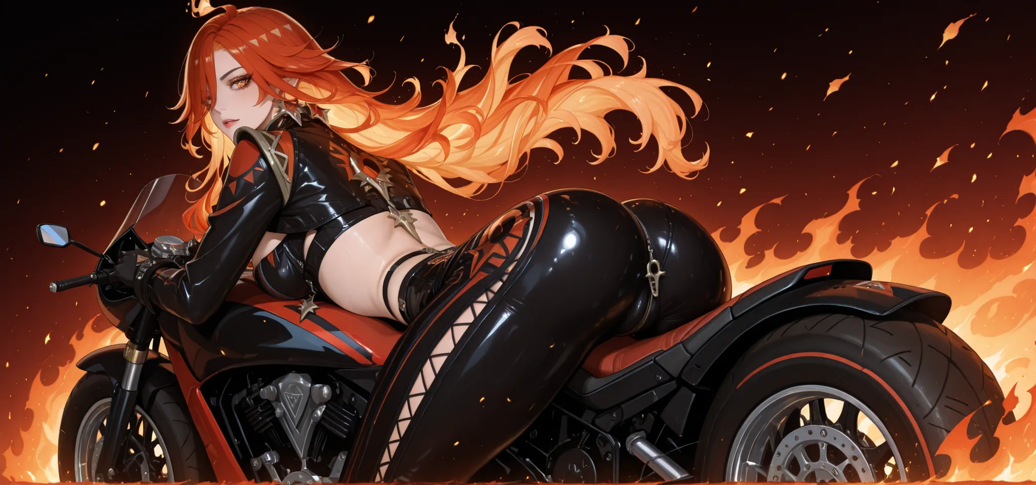 Mavuika, an imposing and sensual figure from *Genshin Impact*, dressed in a tight black leather outfit with flaming red details that highlight her curves. She exudes attitude and confidence, with long, fiery red hair and a sexy, confident gaze. Sitting wit...