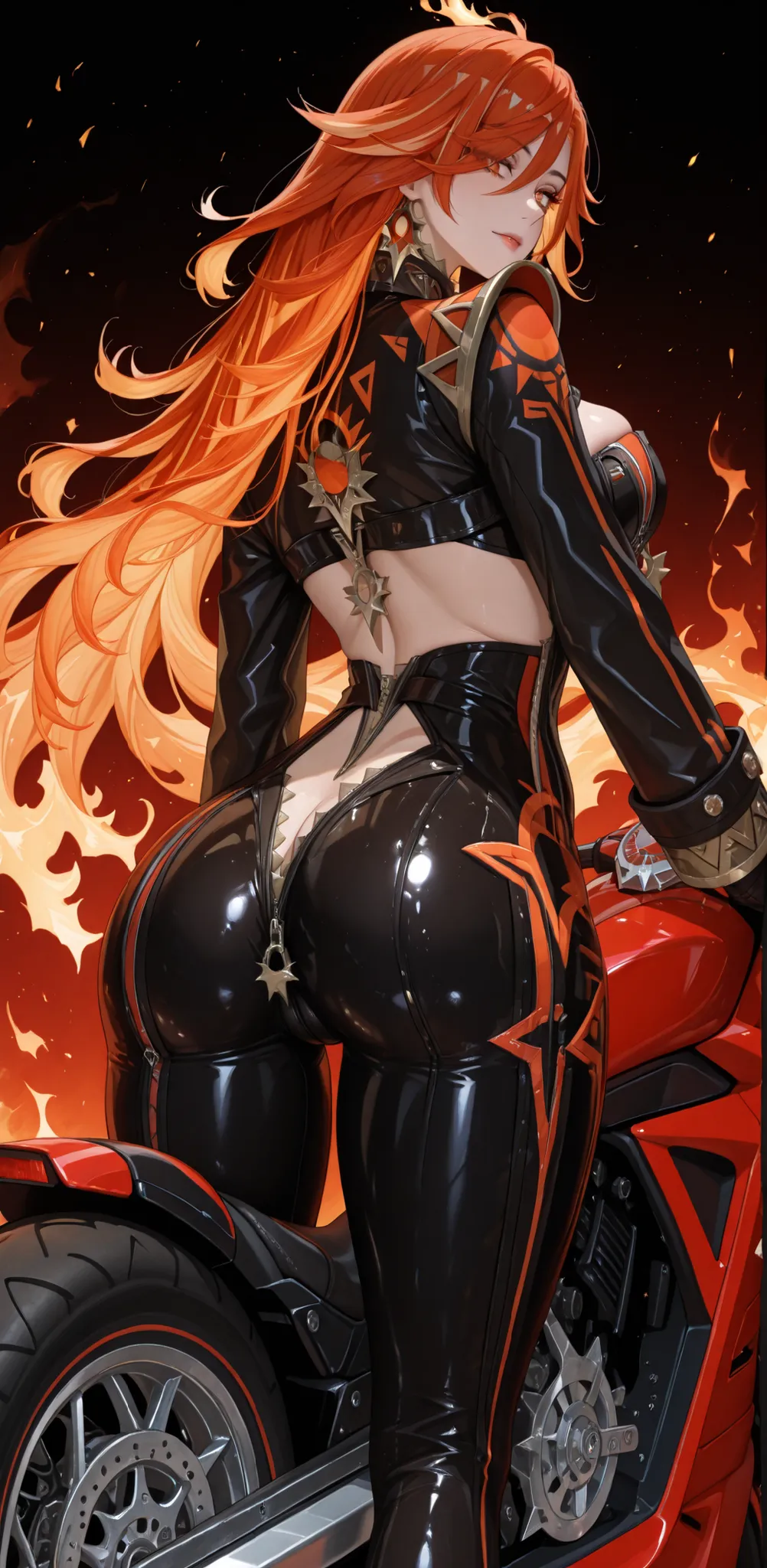 Mavuika, an imposing and sensual figure from *Genshin Impact*, dressed in a tight black leather outfit with flaming red details that highlight her curves. She exudes attitude and confidence, with long, fiery red hair and a sexy, confident gaze. Mounted wit...