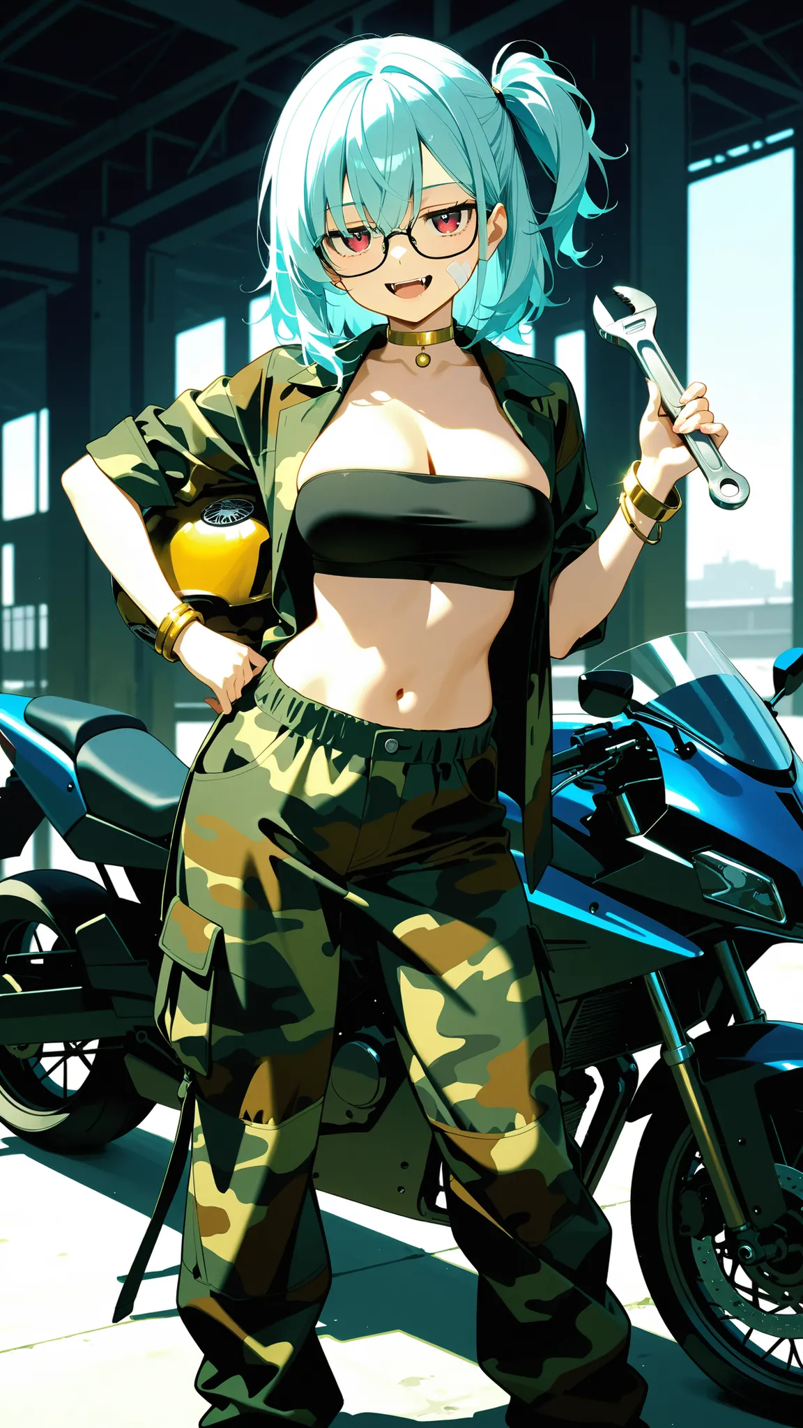 honda,(masterpiece, best quality), ultra detailed, masterpiece, best quality, high resolution, 1girl, medium breast, light blue hair, medium hair, one side ponytail, camouflage pattern　shirt, open shirt, black tube top, camouflage pattern harem pants, indu...