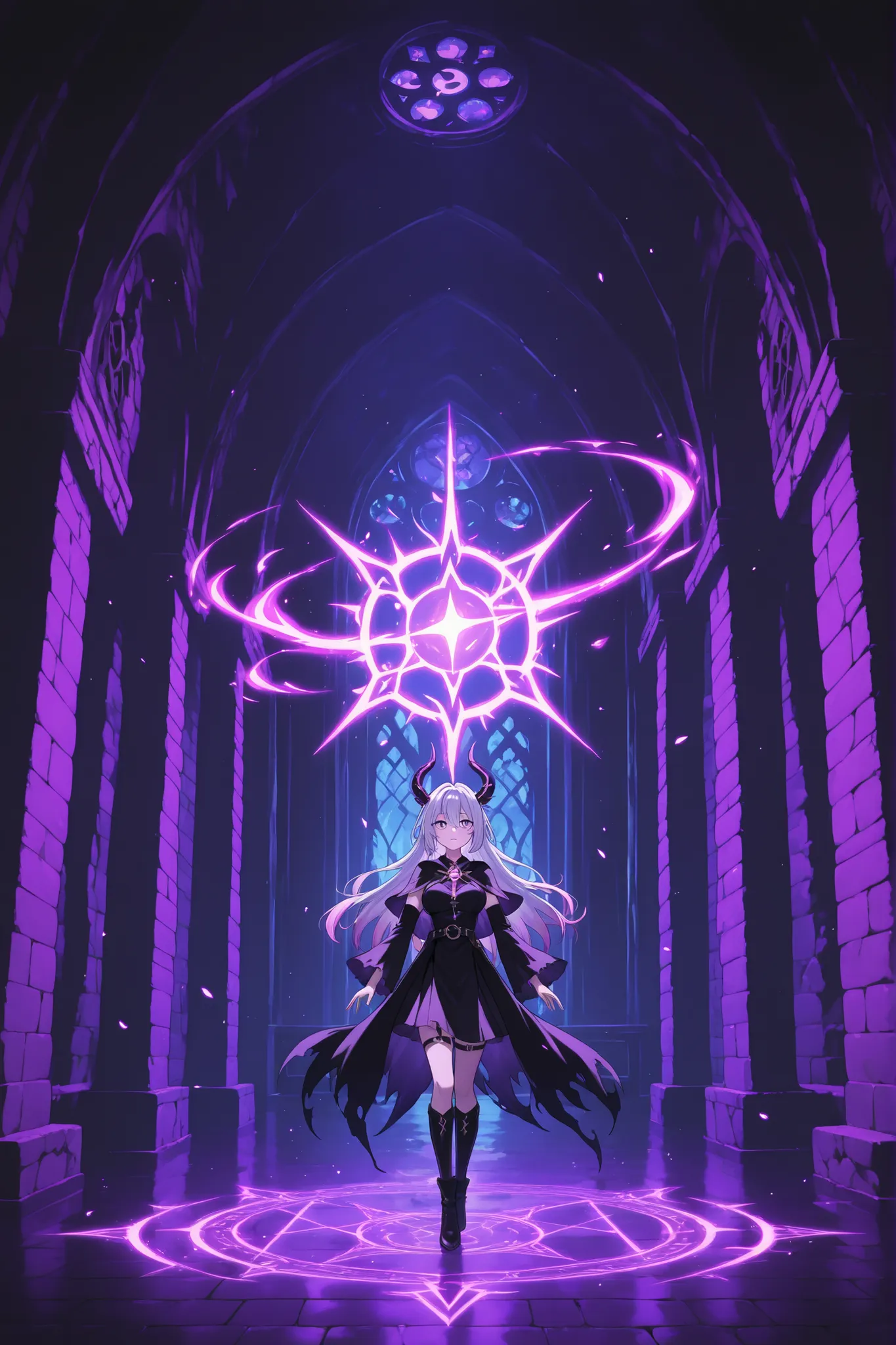 A female spellcaster casting a summoning spell on the floor, a demonic humanoid figure emerges from the center of the summoning circle, the theme is inside a ruined castle, magical effects revolved around the room, the scene is dramatic and focused on the ...