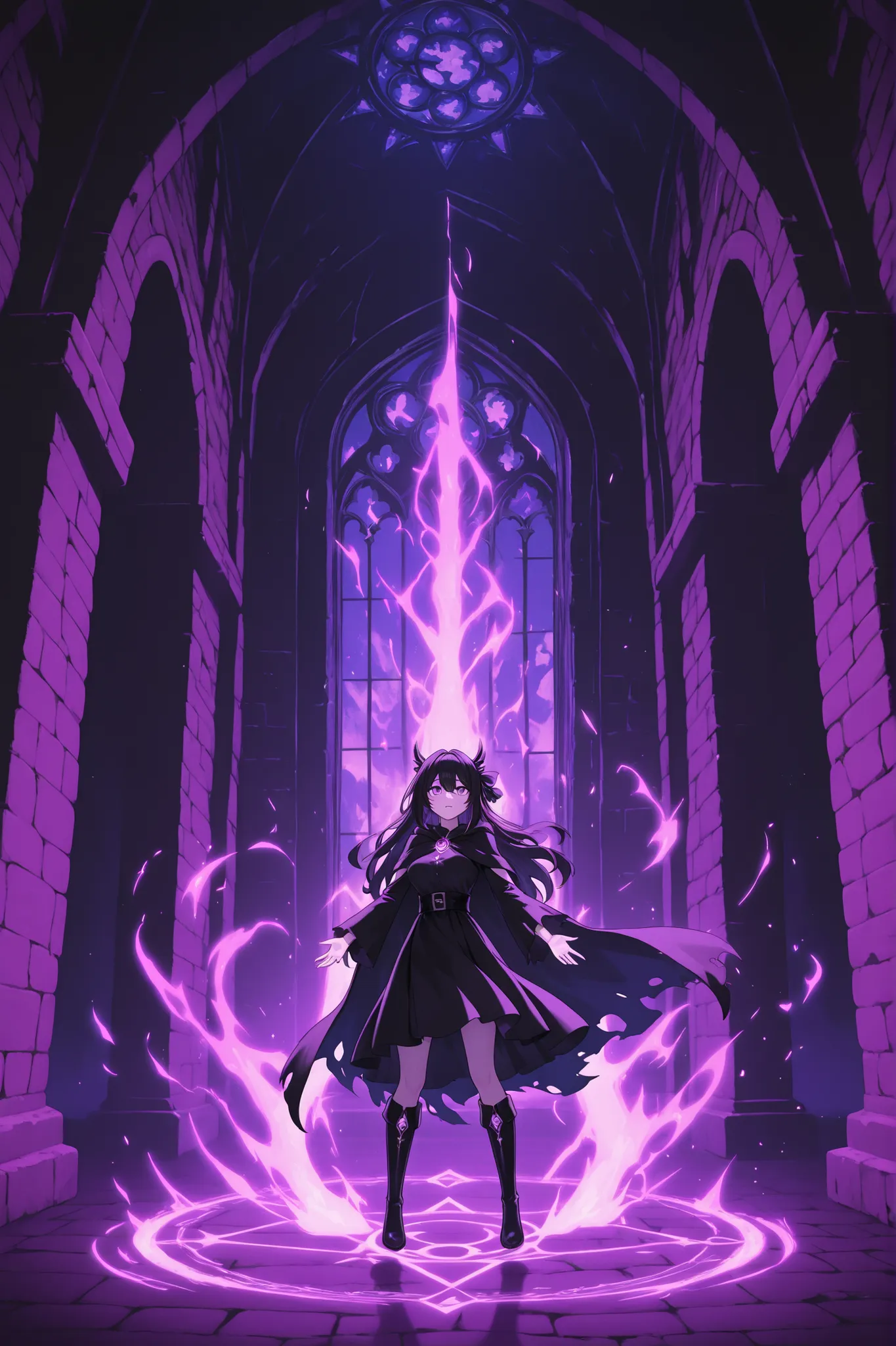 A female spellcaster casting a summoning spell on the floor, a demonic humanoid figure emerges from the center of the summoning circle, the theme is inside a ruined castle, magical effects revolved around the room, the scene is dramatic and focused on the ...