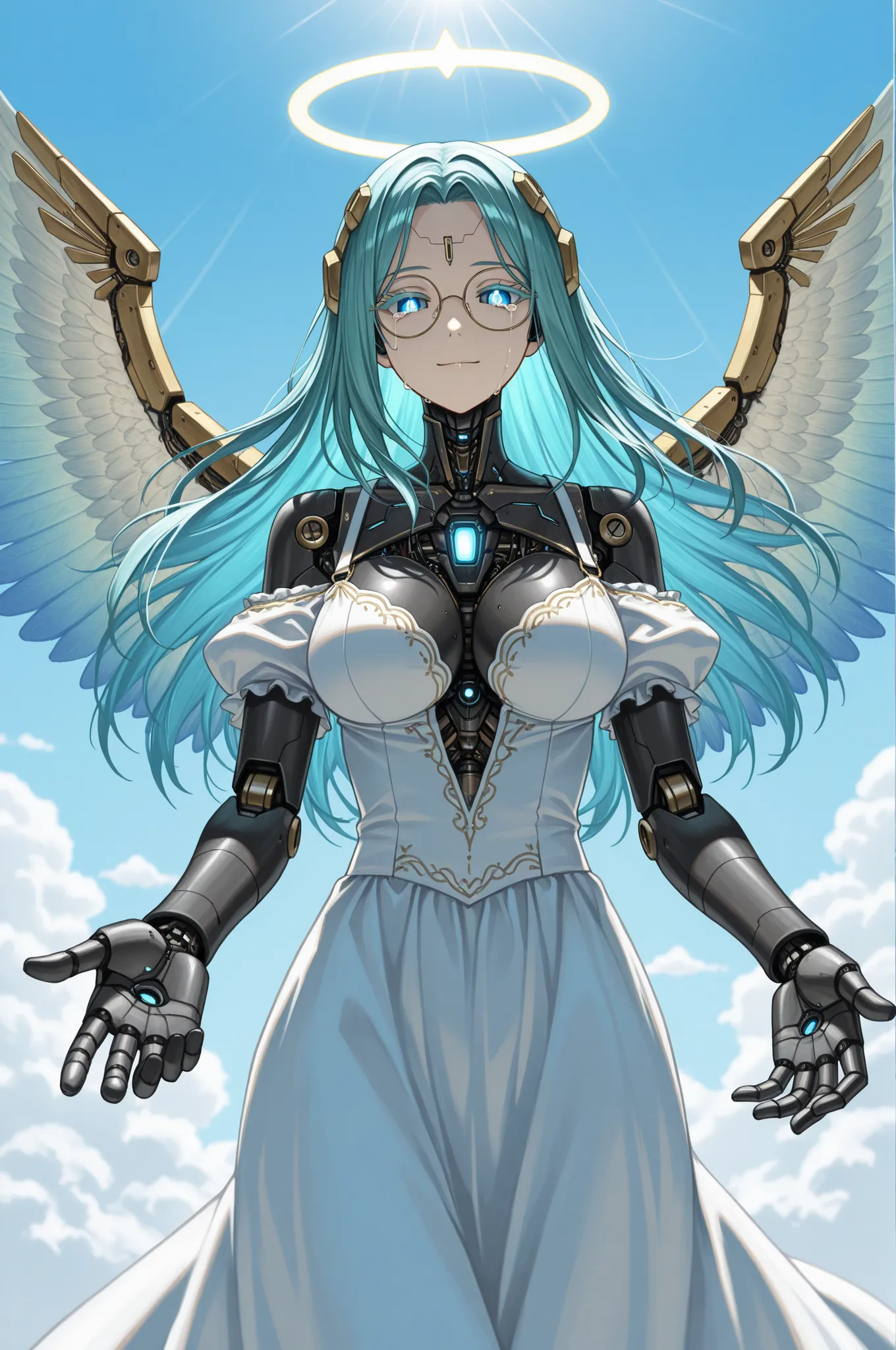  mechanical parts , only, Danificada, android, science fiction, cabo,, uma garota, ciborgue, retrato, , , robot, esclera preta, cyberpunk, prata pupils, pele branca, prata, fios, , prata, lips glasses, cyberpunk, Single tear,  Expressionless, crying with t...
