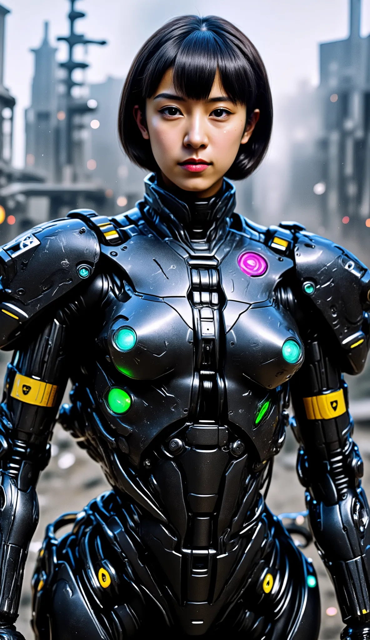 ((Cyborg female warrior wearing a black suit))、((shiny suit、 Skirt、boots)),((bob cut short hair、Align your bangs))、(A futuristic city of the future)、face up、(Lower your hands)、