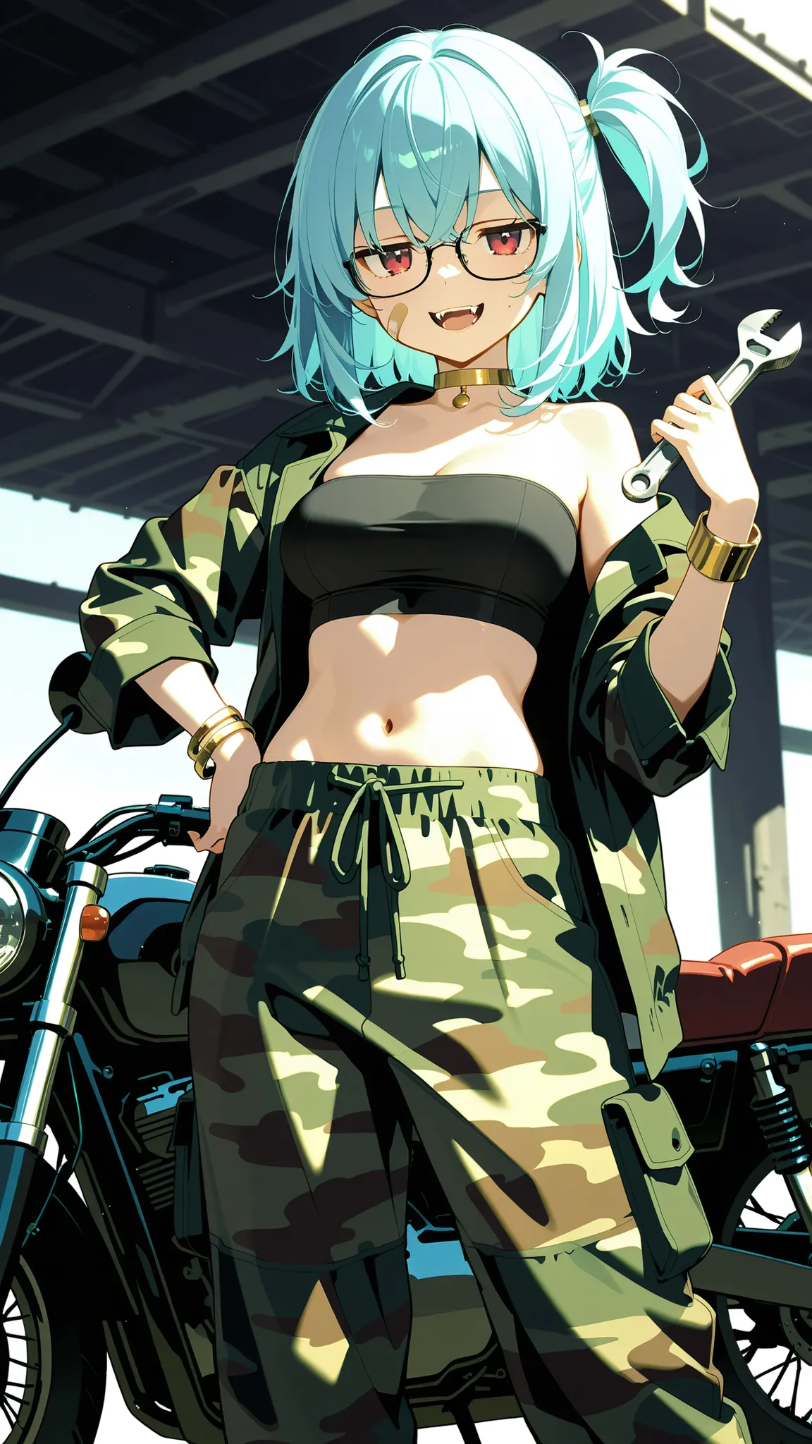 honda,(masterpiece, best quality), ultra detailed, masterpiece, best quality, high resolution, 1girl, medium breast, light blue hair, medium hair, one side ponytail, camouflage pattern　shirt, open shirt, black tube top, camouflage pattern harem pants, indu...