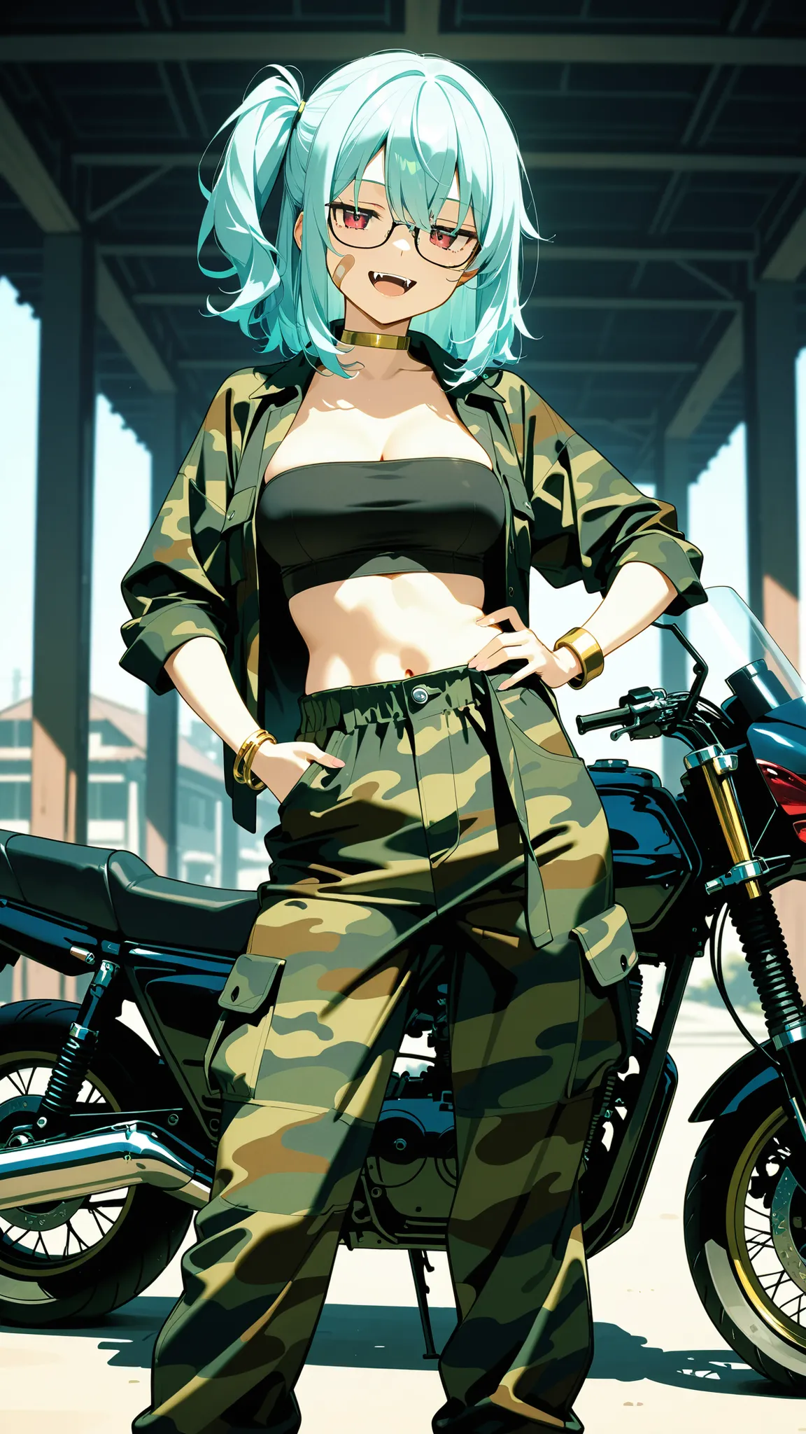 honda,(masterpiece, best quality), ultra detailed, masterpiece, best quality, high resolution, 1girl, medium breast, light blue hair, medium hair, one side ponytail, camouflage pattern　shirt, open shirt, black tube top, camouflage pattern harem pants, indu...